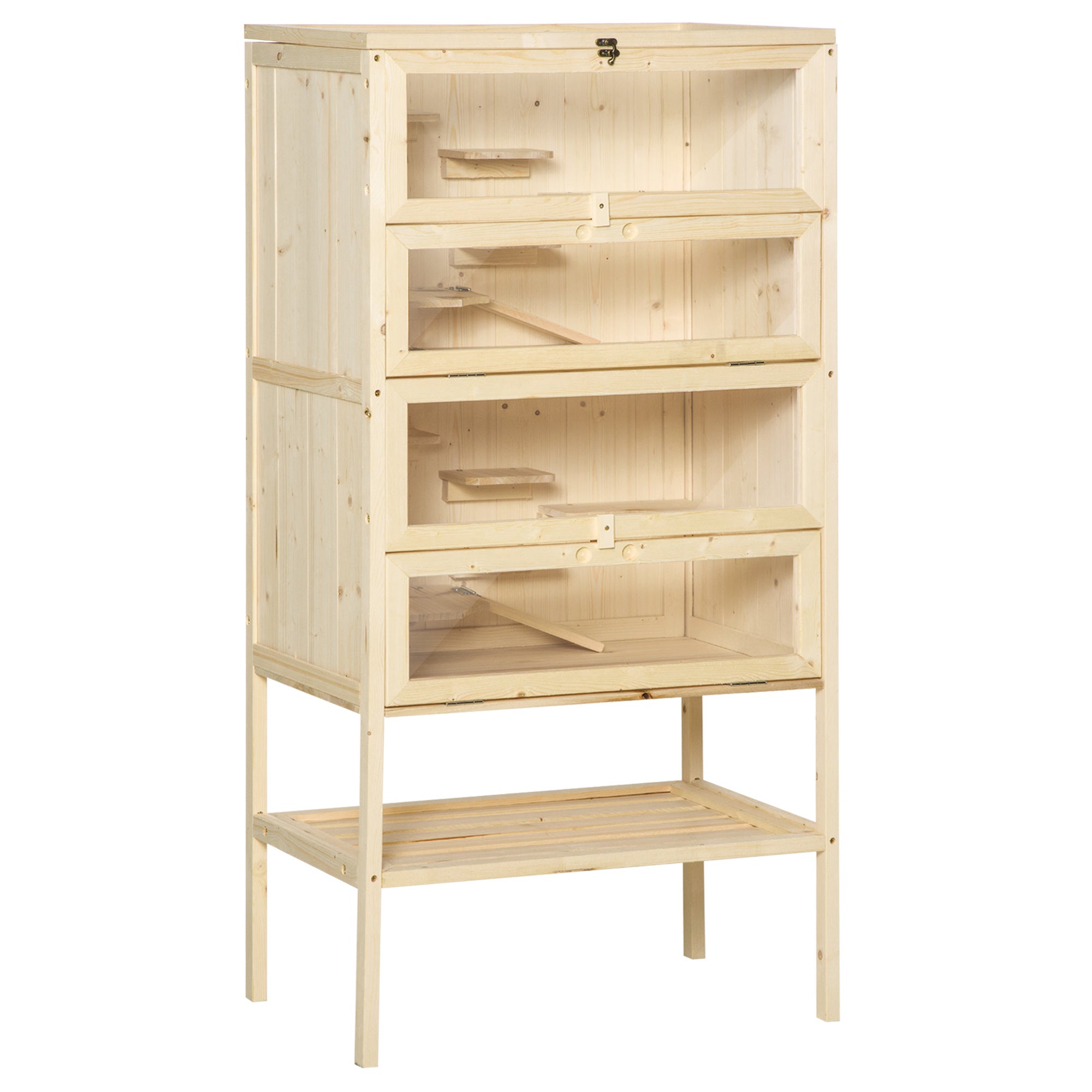 PawHut Hamster Cage Wooden Mouse Rodent Small Pet Animals 4 Layers Tall Bottom Storage Shelf Easy Clean
