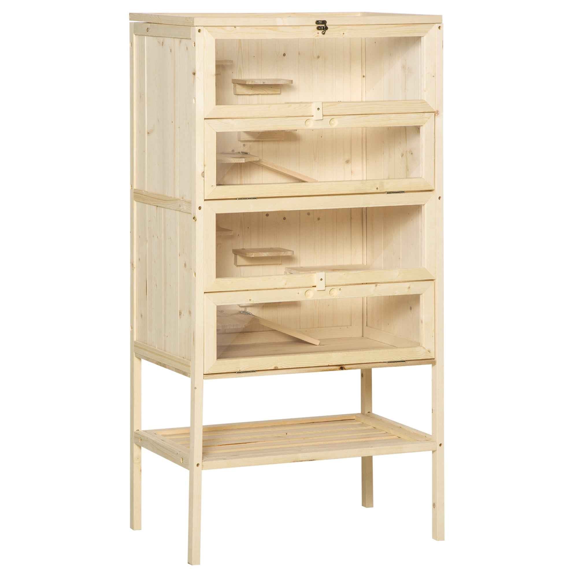 PawHut Hamster Cage Wooden Mouse Rodent Small Pet Animals 4 Layers Tall Bottom Storage Shelf Easy Clean
