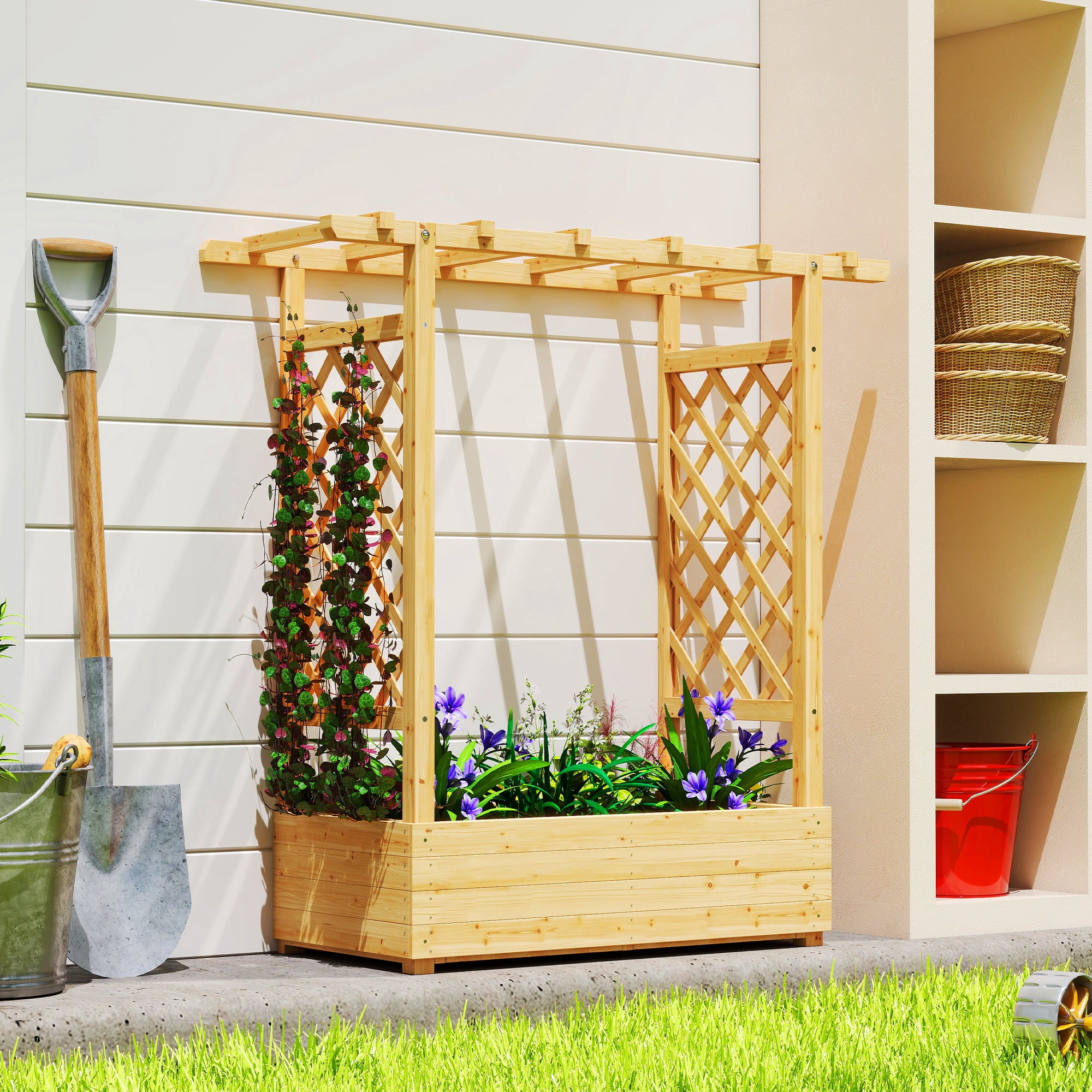 Outsunny Garden Planter with Trellis, Wooden Raised Bed for Garden with Hanging Roof and Drainage Holes, Outdoor Trellis Planter Box for Vegetables, Herbs and Flowers, 110 x 44 x 113 cm, Natural