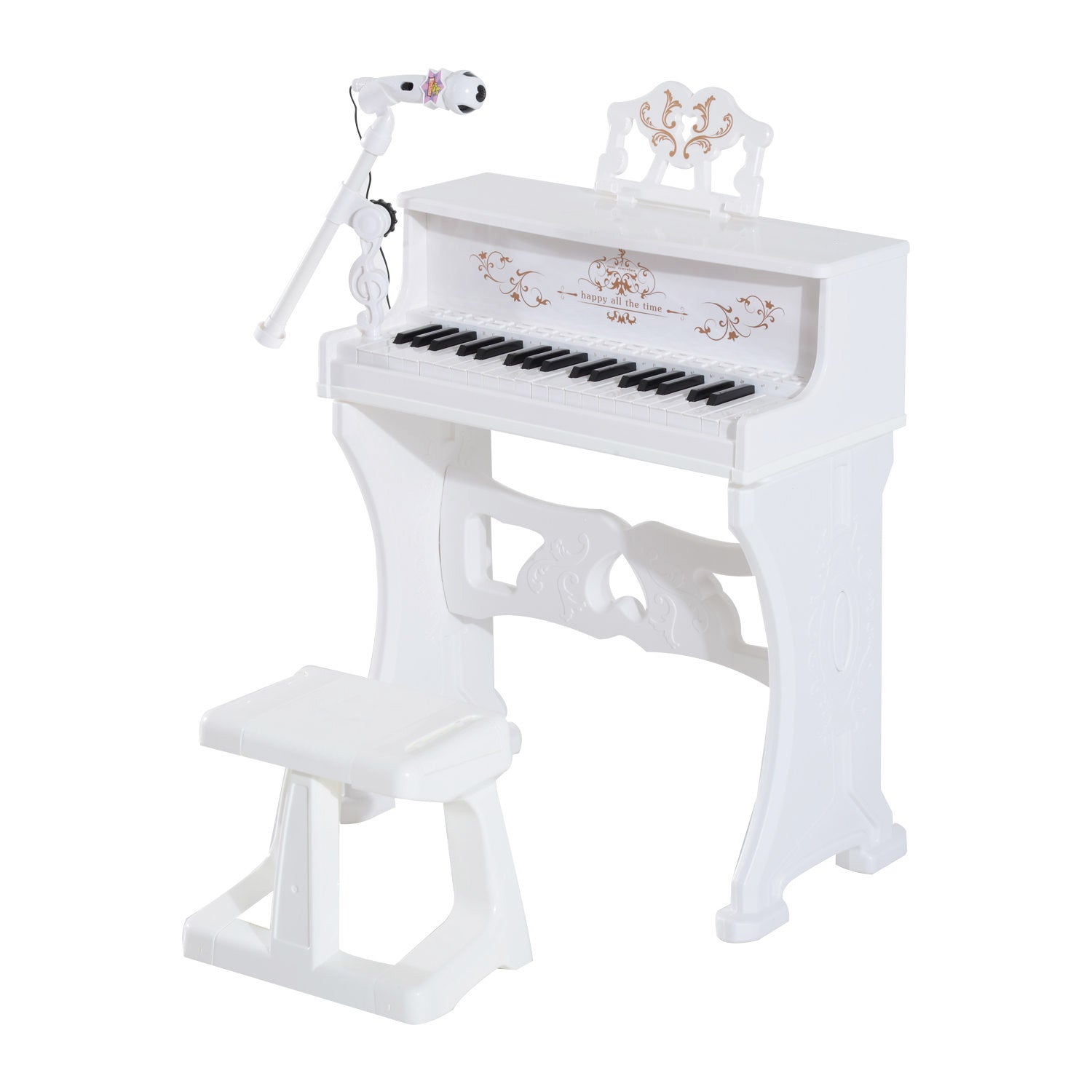 HOMCOM 37 Keys Kids Piano Mini Electronic Keyboard Light Kids Musical Instrument Educational Game Children Grand Piano Toy Set w/Stool & Microphone & Music Stand (White) - North Peak Garden Furniture