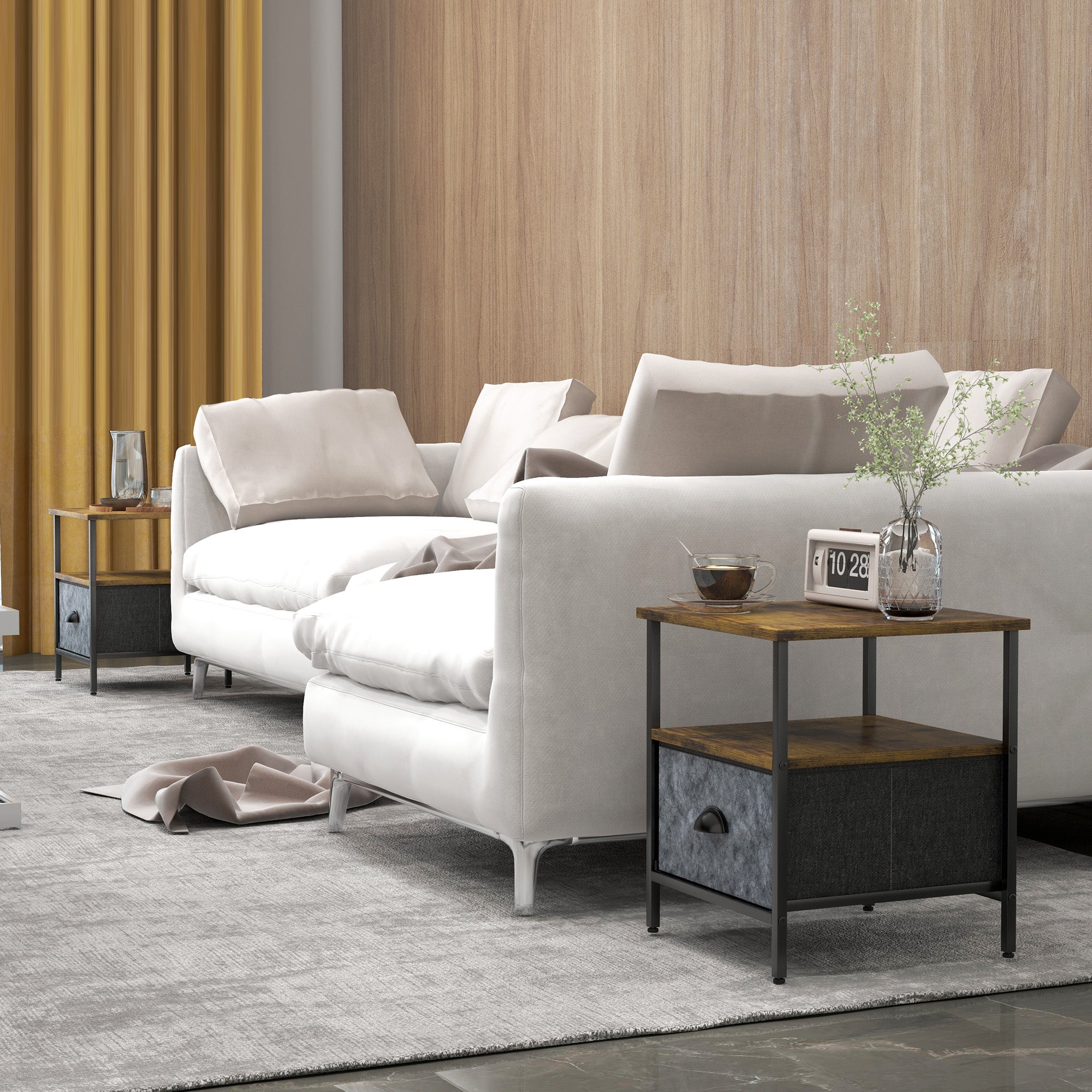 HOMCOM Set of 2 Bedside Table, Nightstand with Non-Woven Fabric Drawer, Side Table, End Table for Living room, Bedroom, Rustic Brown - North Peak Garden Furniture