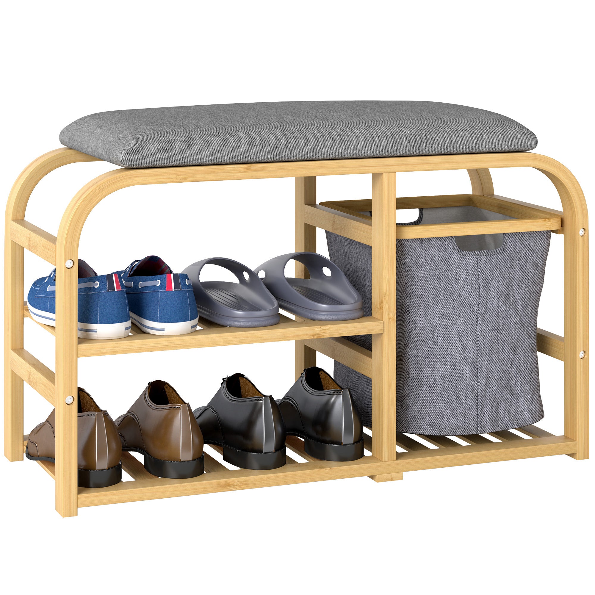 HOMCOM Bamboo Shoe Rack Bench with Padded Seat - Nature Wood Finish - North Peak Garden Furniture