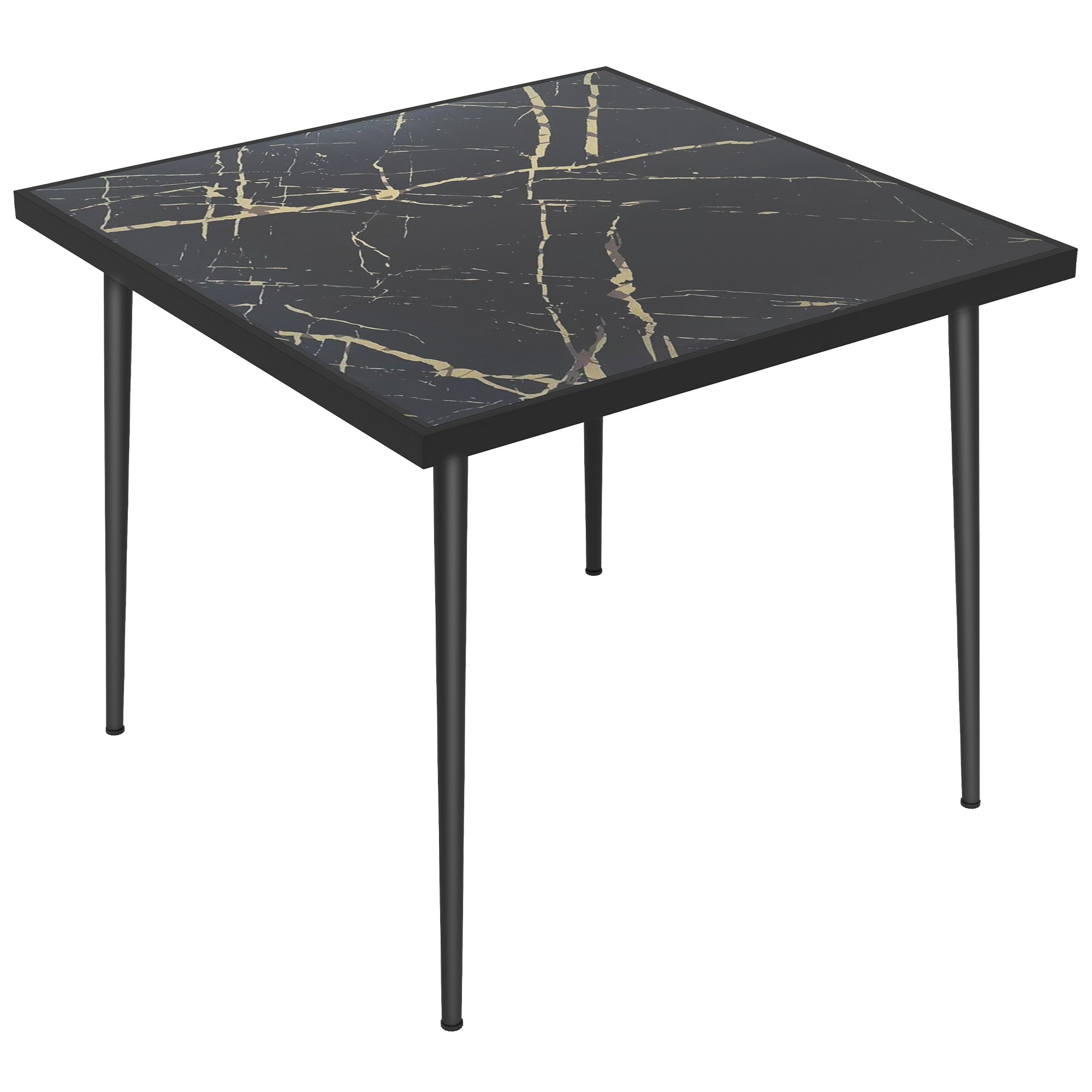 Outsunny Square Garden Table, Outdoor Dining Table for 4 with Marble Effect Tempered Glass Top and Steel Frame for Patio, Black - North Peak Garden Furniture