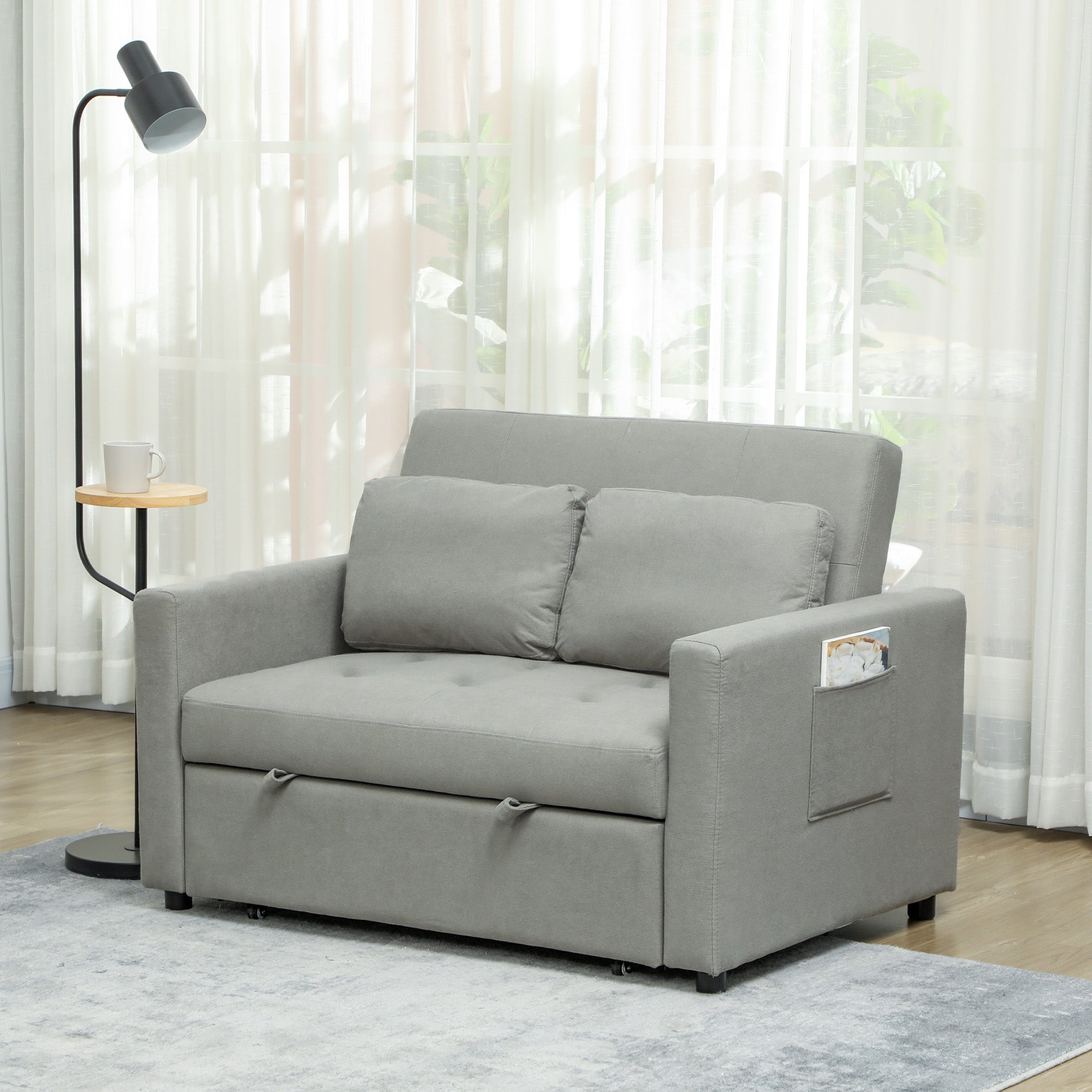 HOMCOM Velvet-Feel Two-Seater Sofa Bed - Light Grey - North Peak Garden Furniture