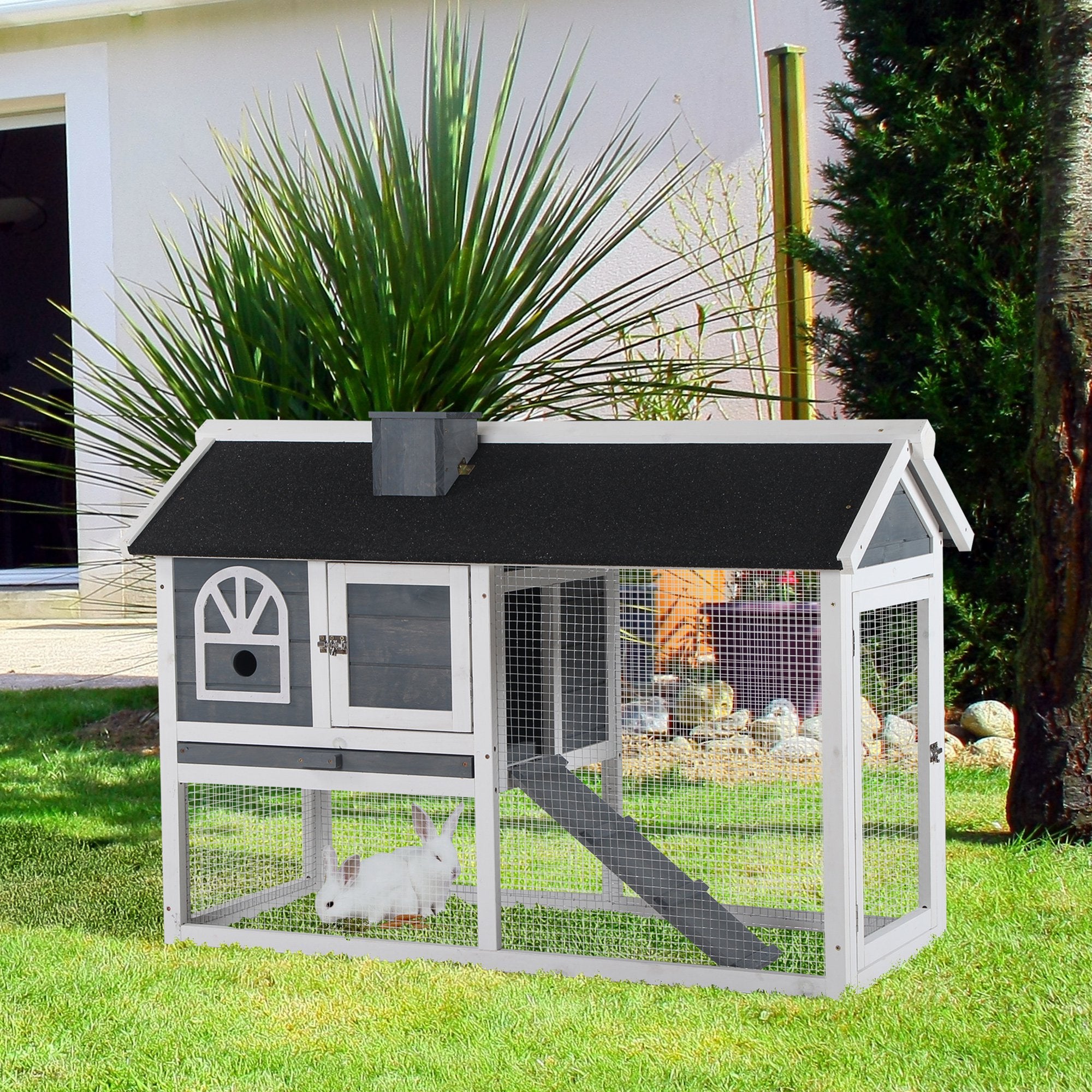 PawHut Guinea Pigs Hutches Wood Bunny Cage for Outdoor Indoor w/ Pull Out Tray Run Box Ramp - North Peak Garden Furniture