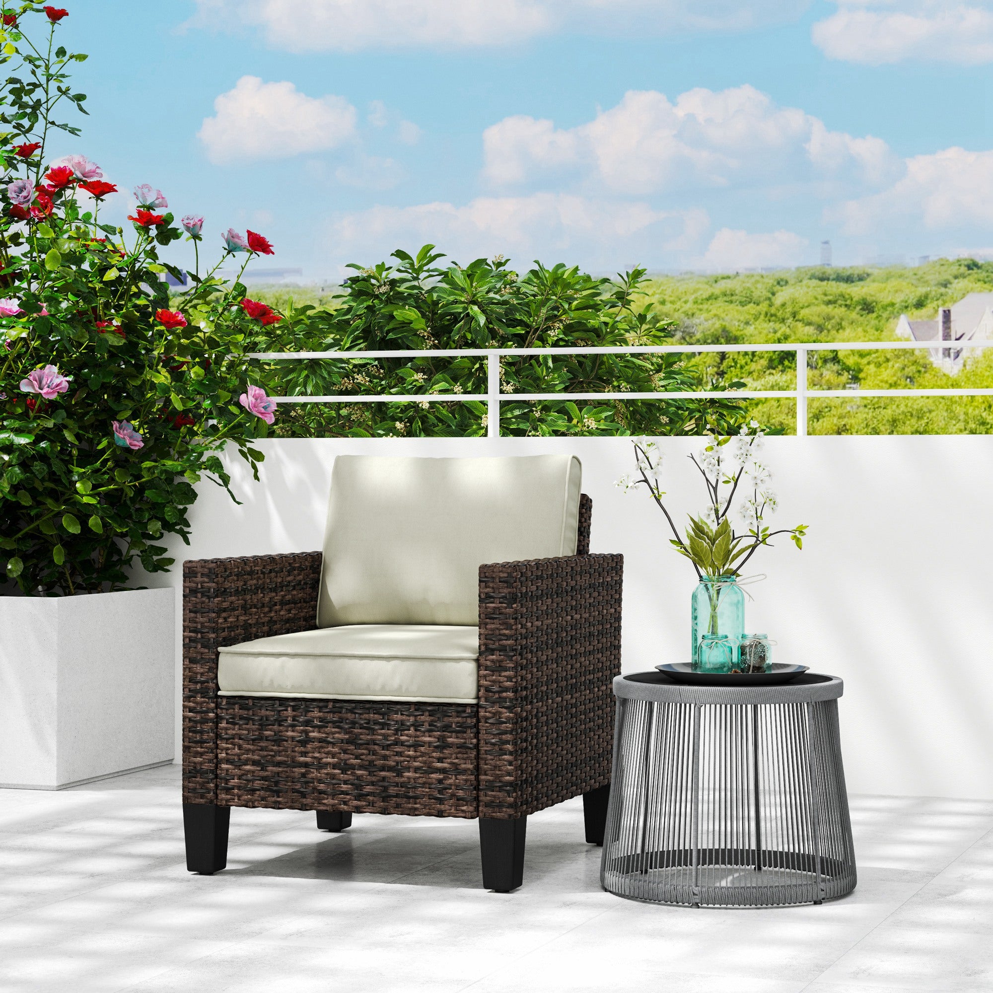 Outsunny Single Rattan Armchair, with Cushions - Brown - North Peak Garden Furniture