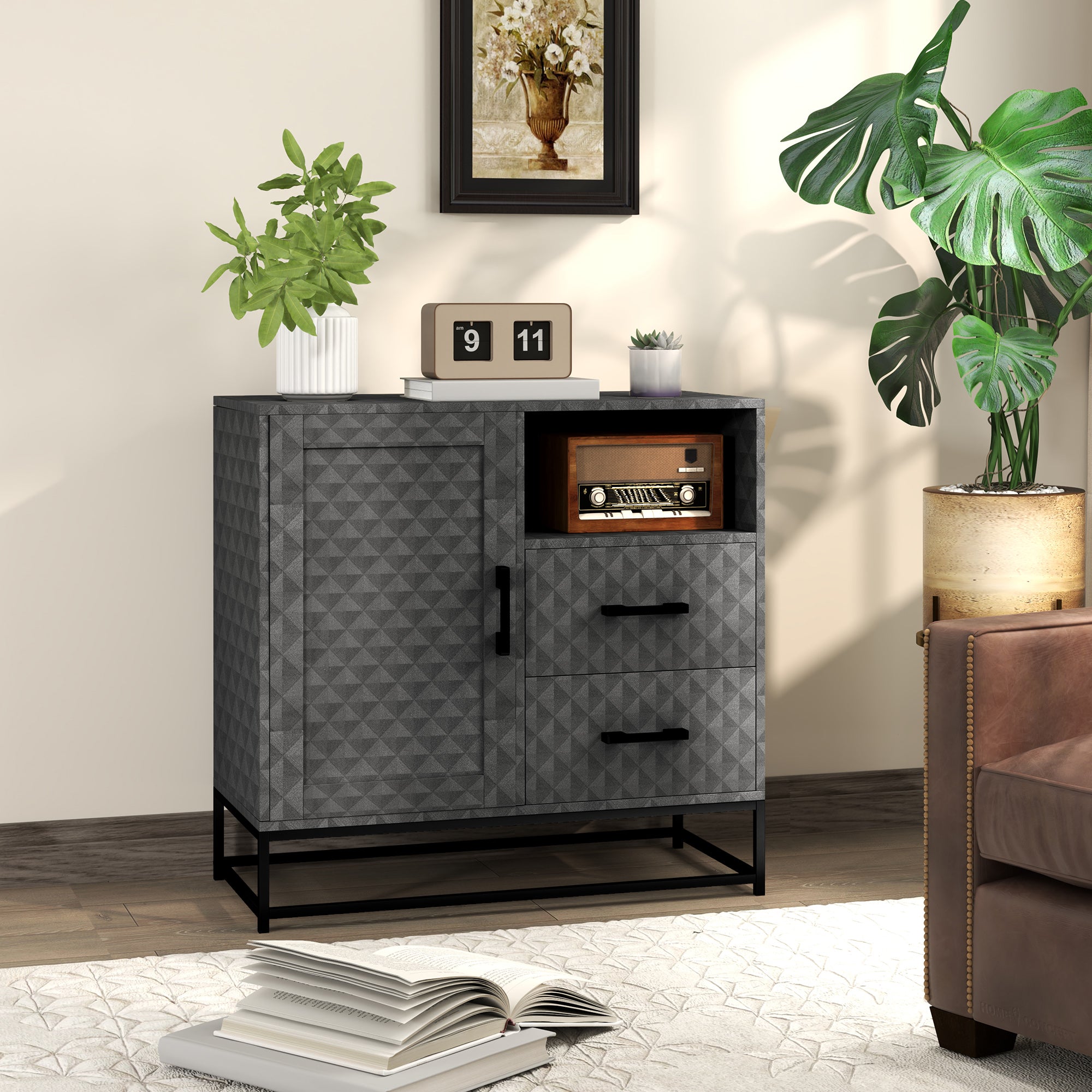 HOMCOM Sideboard with Adjustable Shelf, Freestanding Sideboard Storage Cabinet with Open Compartment and 2 Drawers, Grey - North Peak Garden Furniture