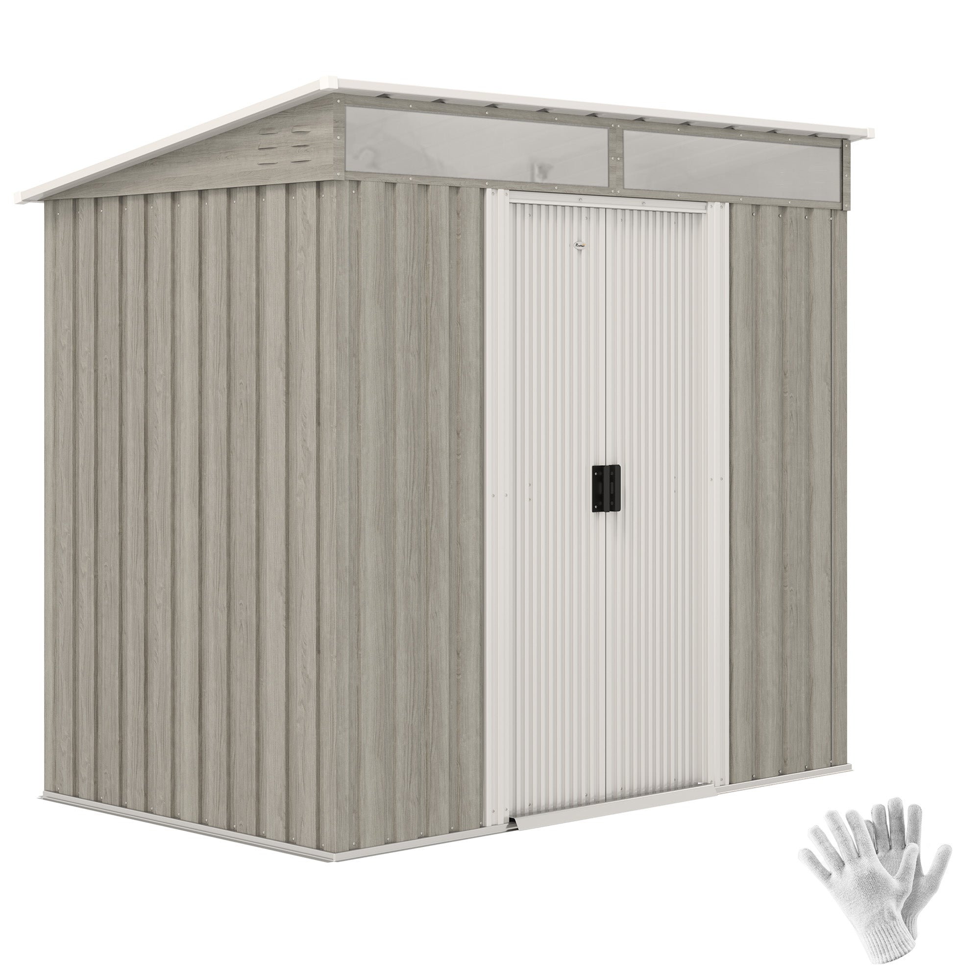 Outsunny 6.5 x 4FT Galvanised Metal Shed with Foundation Kit, Lockable Tool Garden Shed with Double Sliding Doors, Vents, Light Grey Wood Effect - North Peak Garden Furniture