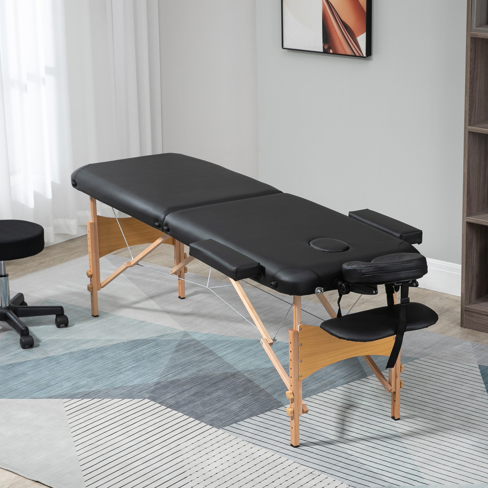 HOMCOM Portable Massage Bed, Folding Spa Beauty Massage Table with 2 Sections, Carry Bag and Wooden Frame, Black - North Peak Garden Furniture