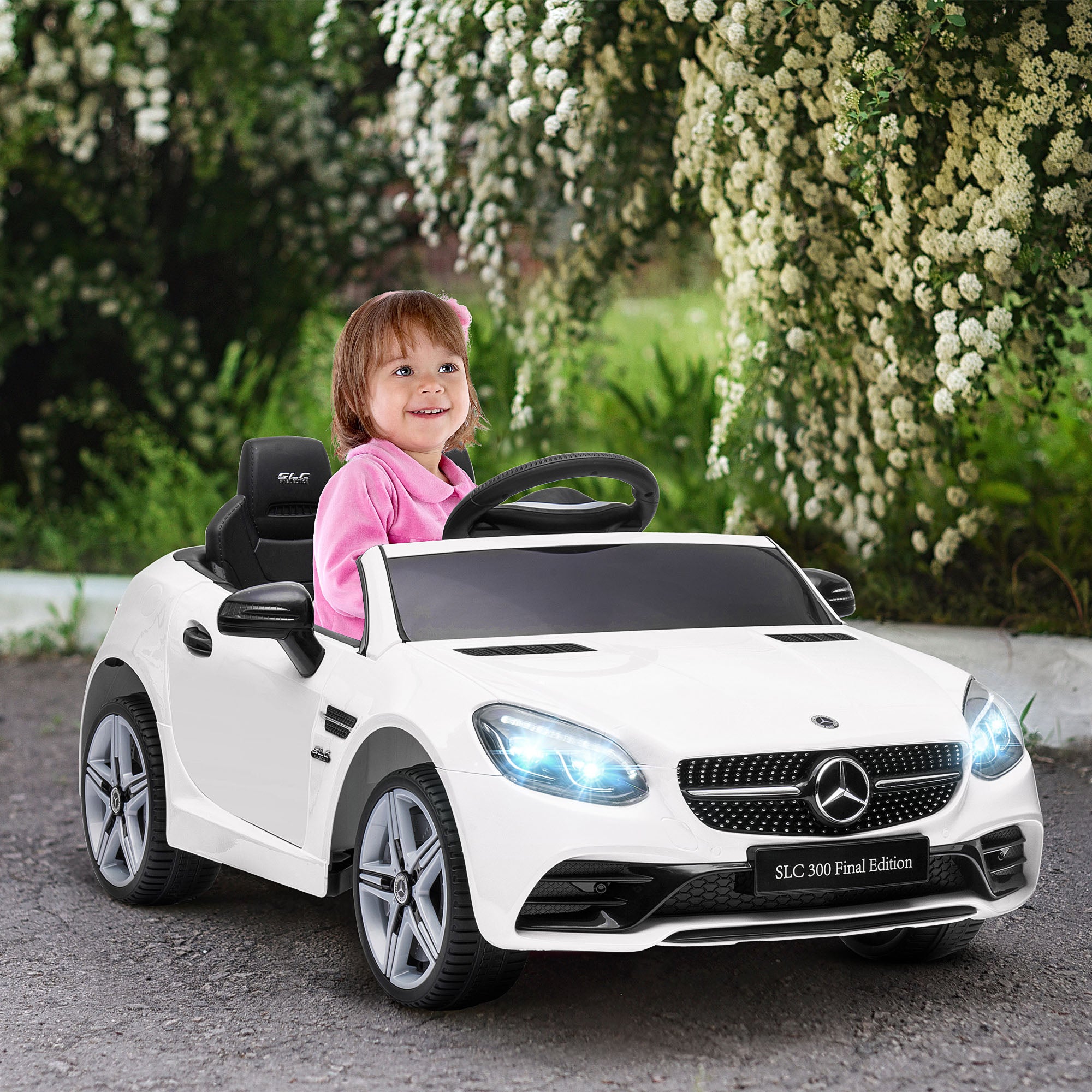 AIYAPLAY Benz SLC 300 Licensed 12V Kids Electric Ride On Car with Parental Remote Two Motors Music Lights Suspension Wheels for 3-6 Years White - North Peak Garden Furniture