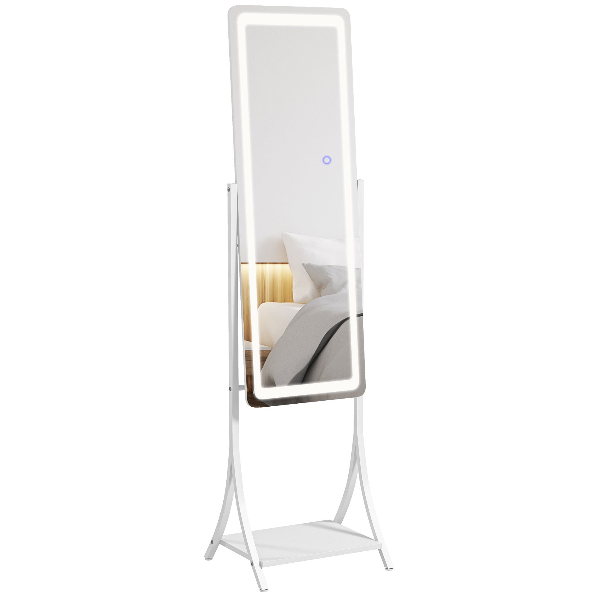 HOMCOM Free Standing Dressing Mirror with LED Lights, Full Length Mirror with 3 Temperature Colours and Storage Shelf - North Peak Garden Furniture