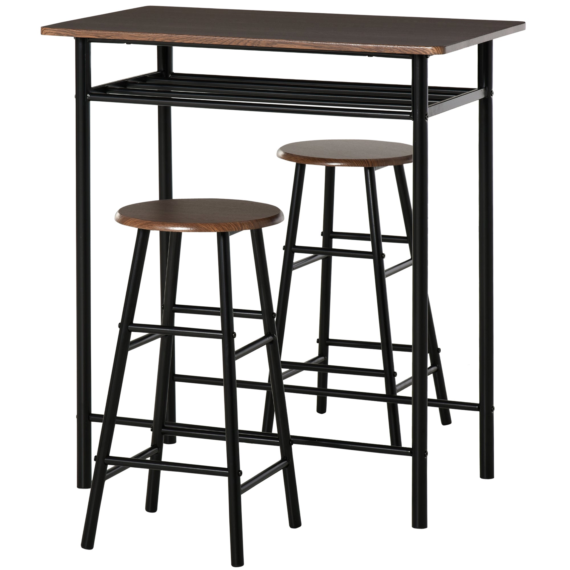 HOMCOM Bar Table Set, Bar Table and Stools Set, Footrest and Storage Shelf, for Kitchen, Dining Room, Pub, Cafe, Black and Oak - North Peak Garden Furniture
