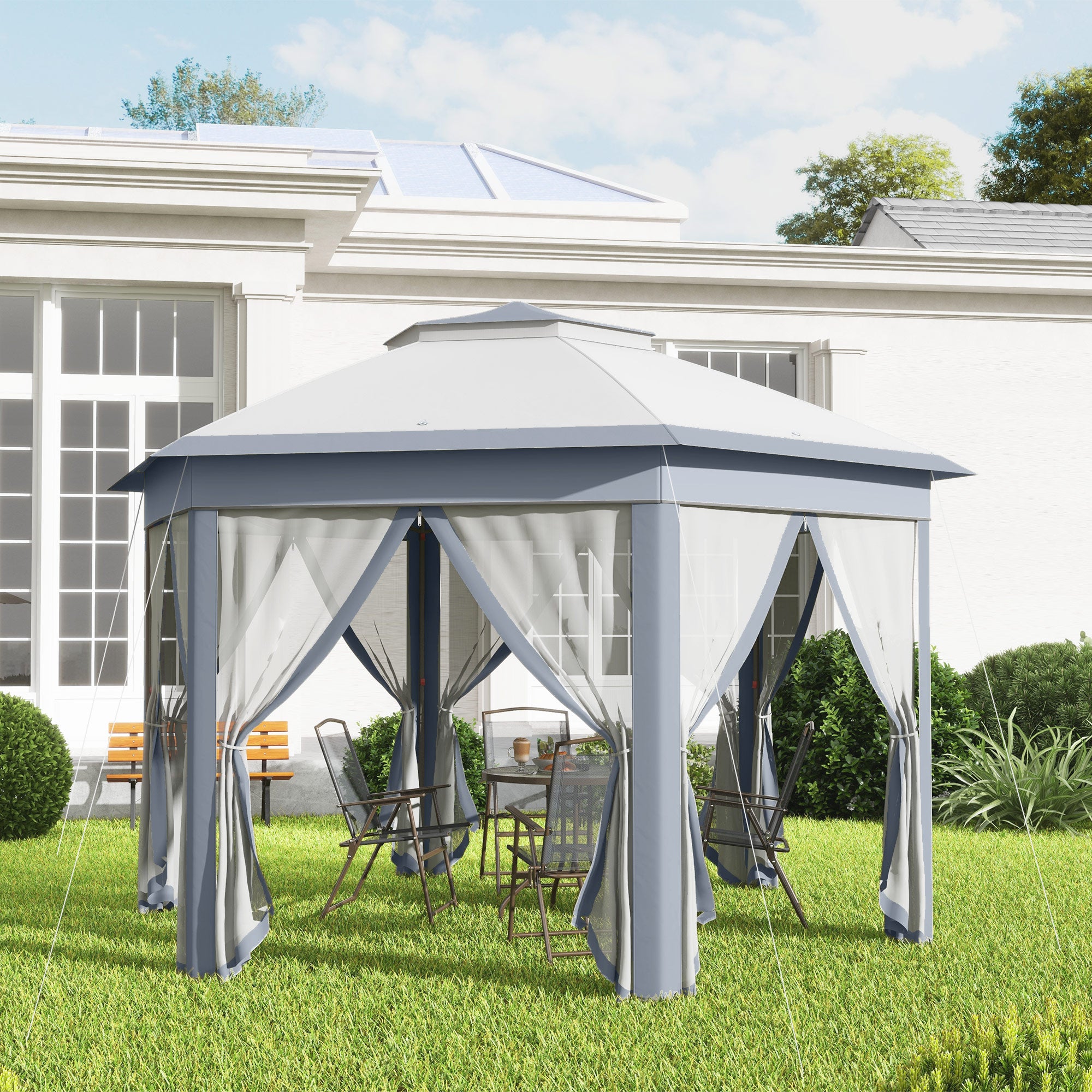 Outsunny 3 x 4m Metal Frame Hexagon Gazebo, with Curtains - Grey - North Peak Garden Furniture