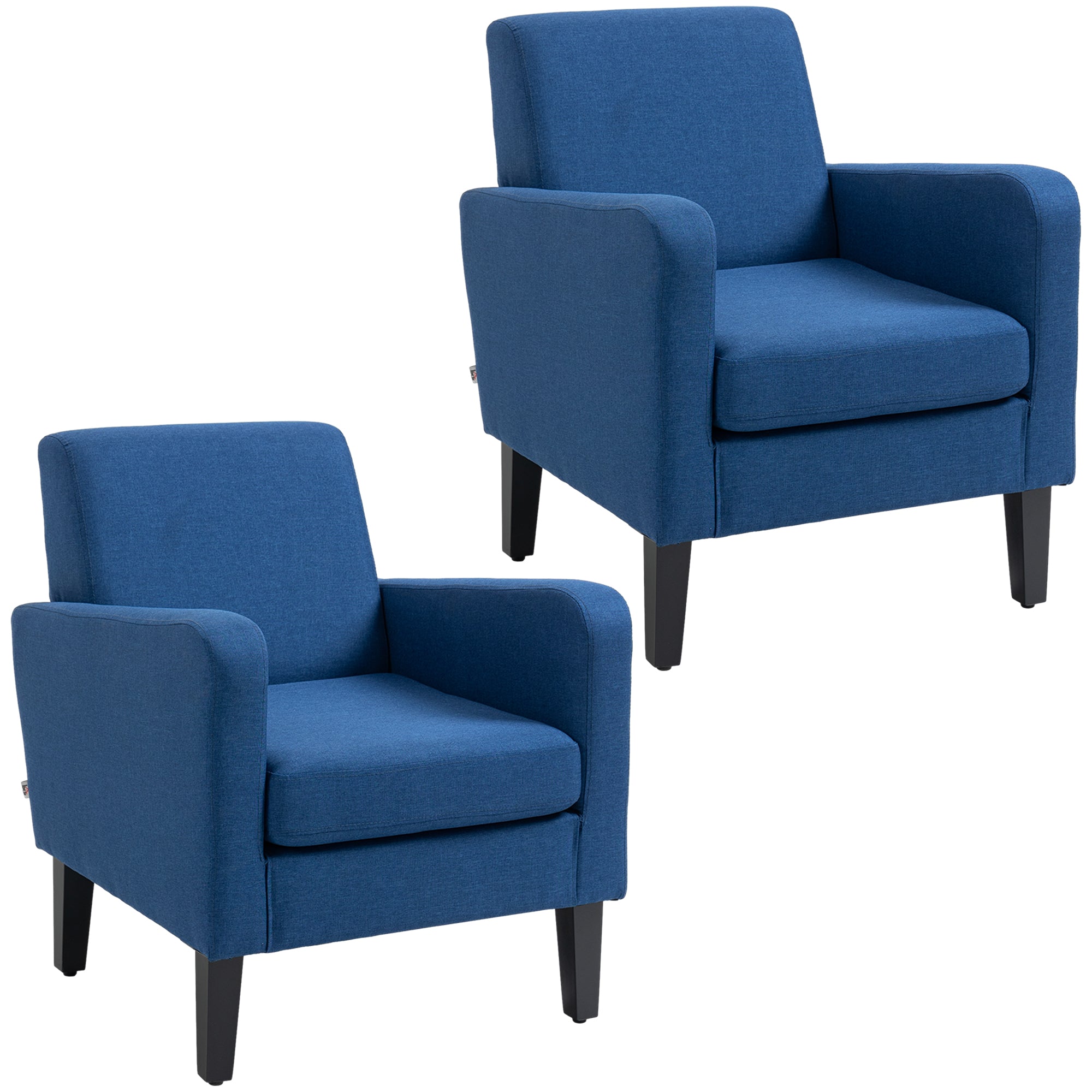 HOMCOM 2 Pieces Modern Armchairs with Rubber Wood Legs, Upholstered Accent Chairs, Single Sofa for Living Room, Bedroom, Blue - North Peak Garden Furniture