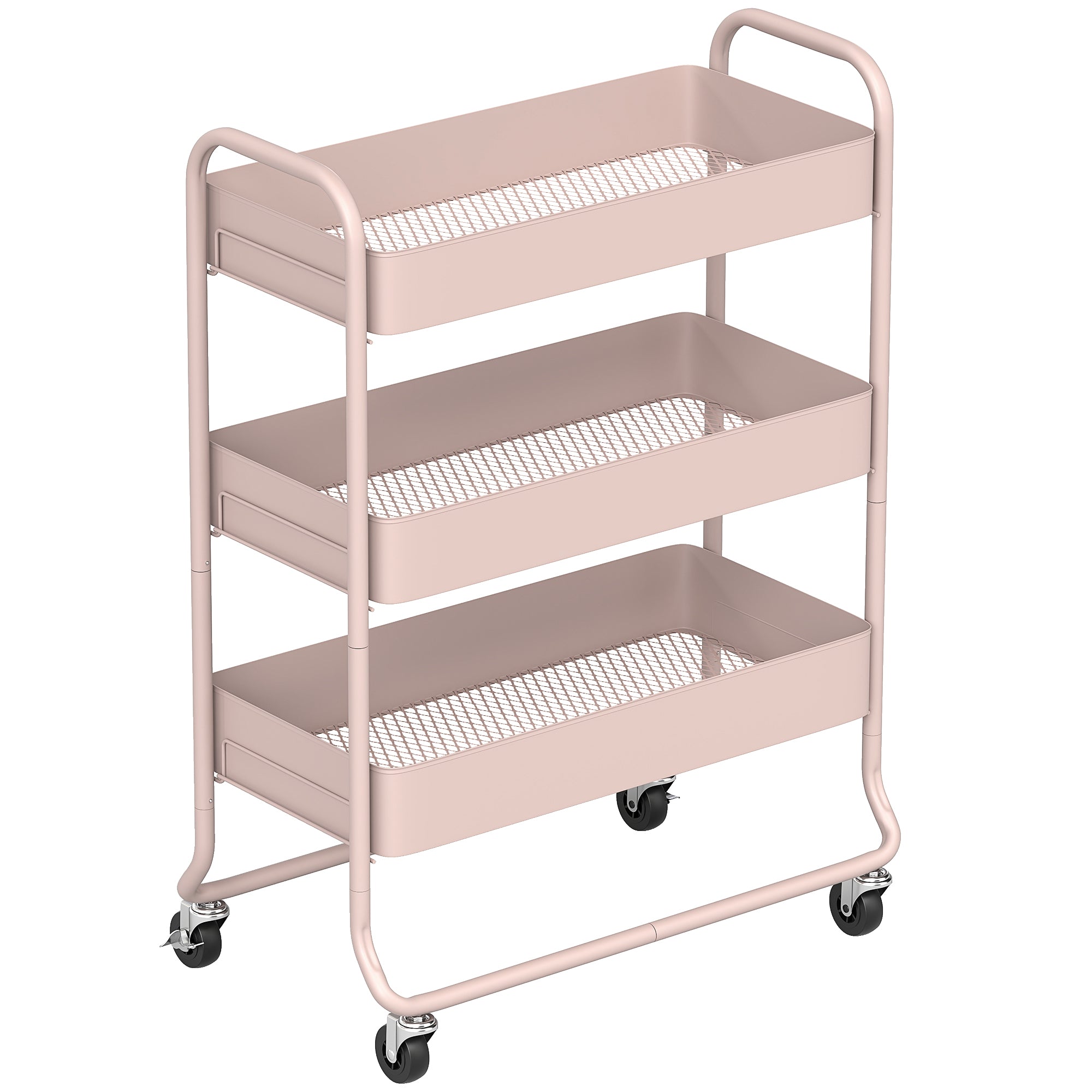 HOMCOM 3-Tier Storage Trolley on Wheels, Rolling Utility Cart with Mesh Backets for Kitchen, Bathroom, Bedroom, Light Pink