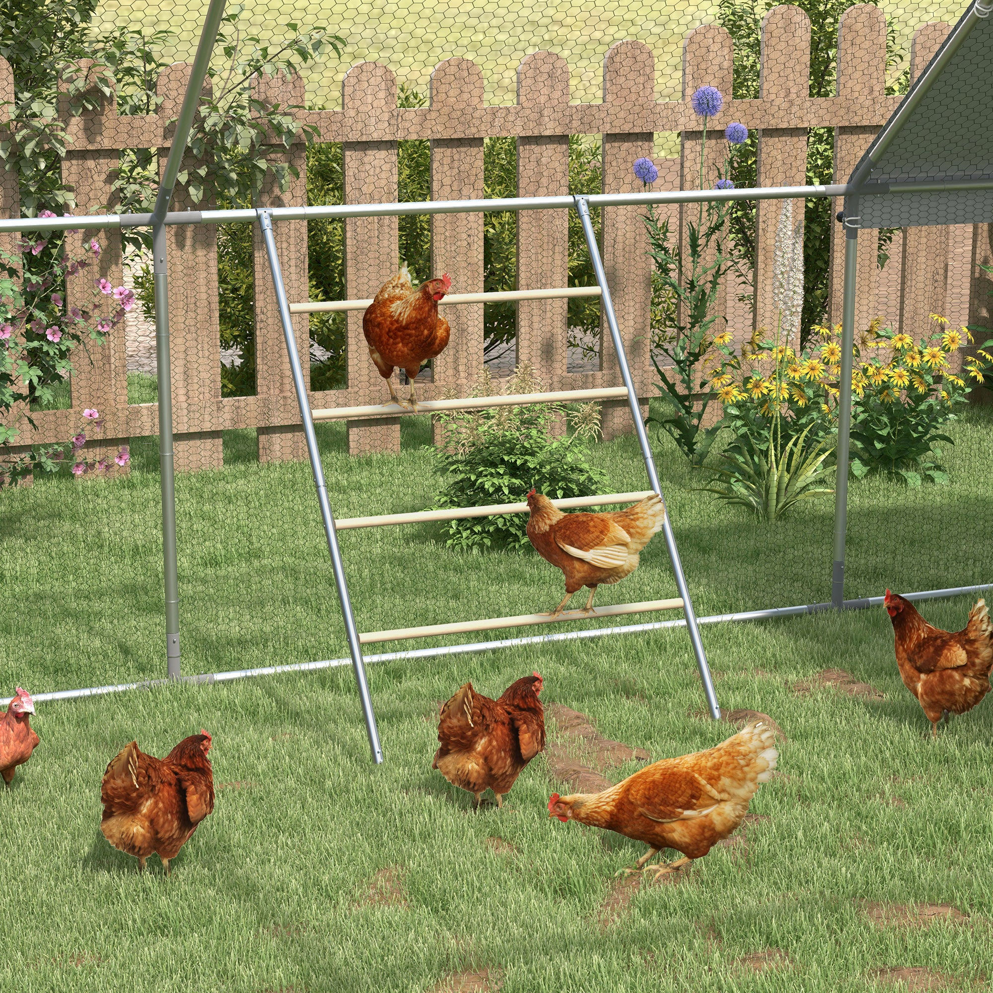 PawHut Chicken Perch for Coop, Wooden and Galvanised Steel Roosting Bar Jungle Gym, Chicken Roosting Ladder for Backyard Farm