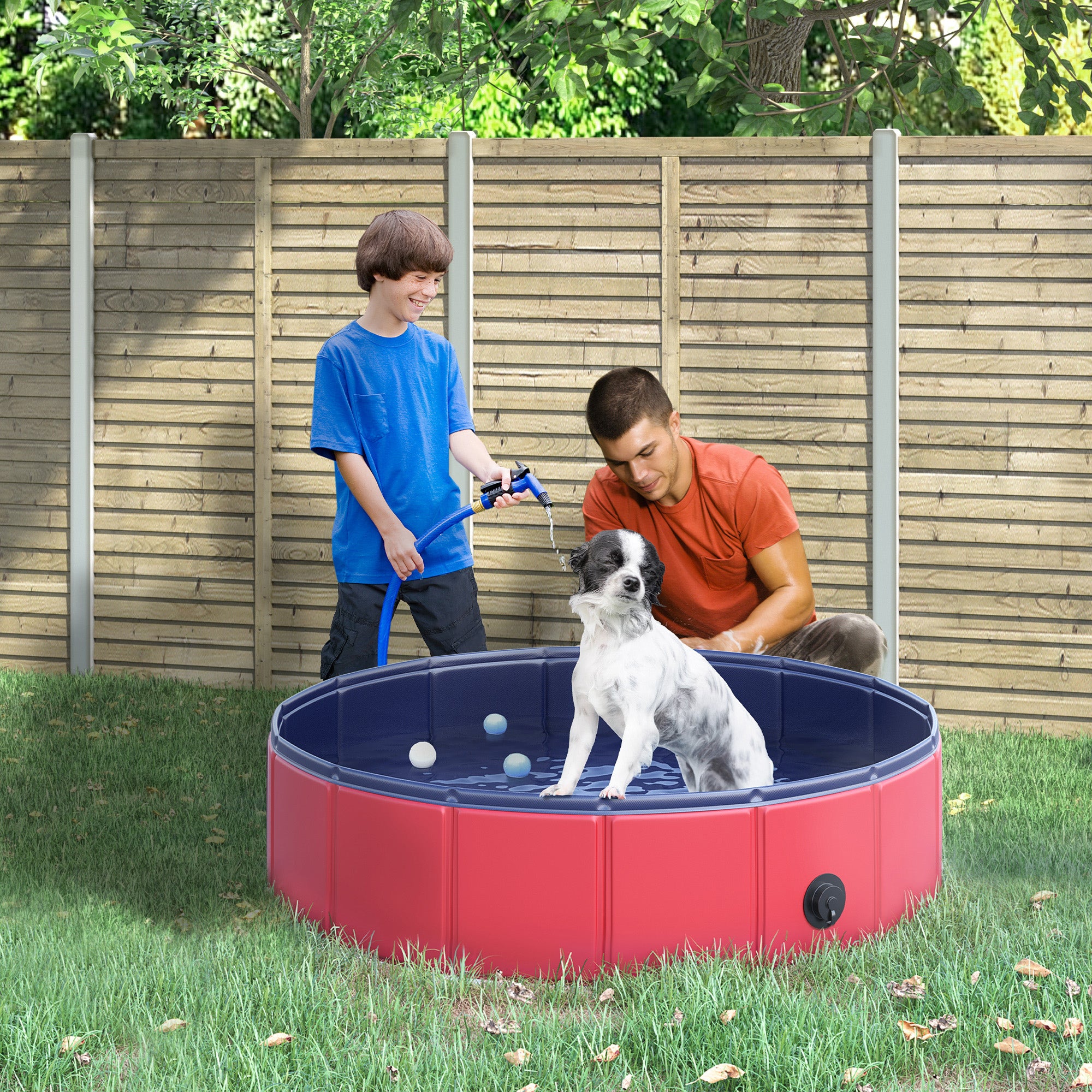PawHut Foldable Dog Paddling Pool Pet Cat Swimming Pool Indoor/Outdoor Collapsible Summer Bathing Tub Shower Tub Puppy Washer (Φ80 × 20H cm, Red) - North Peak Garden Furniture
