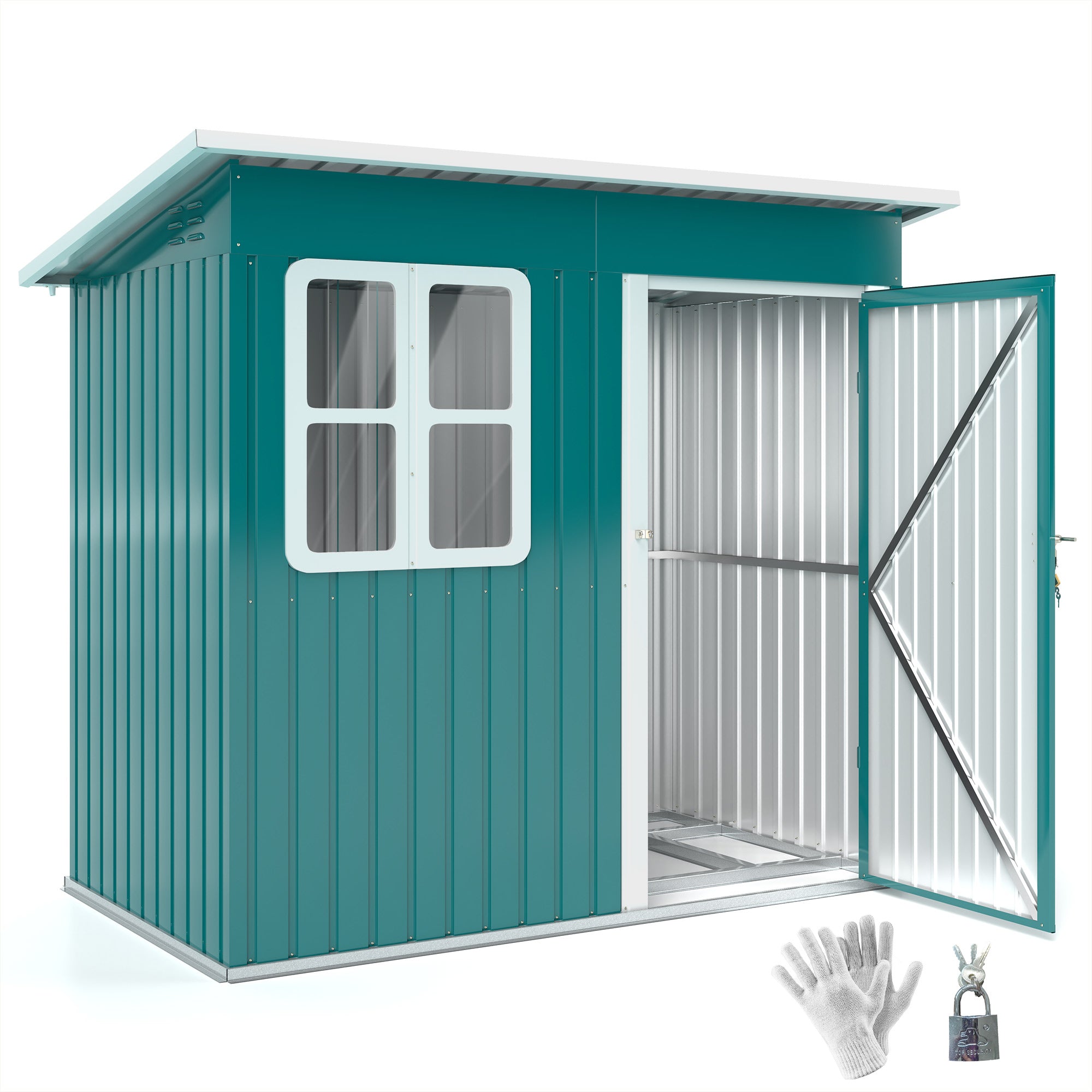 Outsunny 7 x 4ft Galvanised Steel Garden Shed, with Lock and Gloves - Green - North Peak Garden Furniture