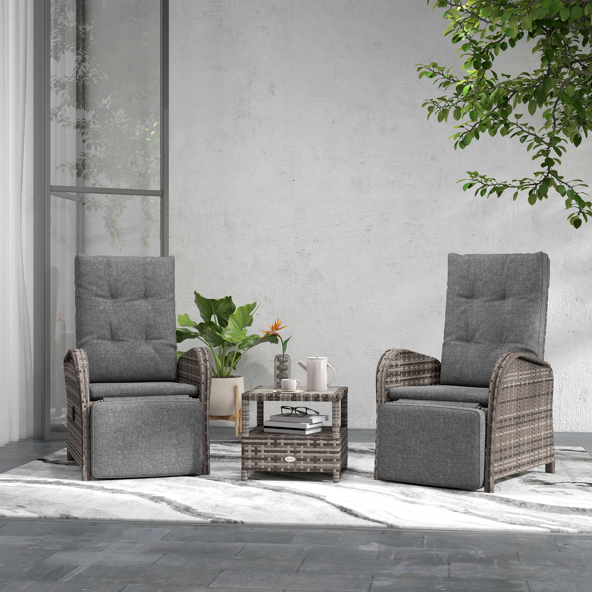 Outsunny 2 Seater Patio Rattan Wicker Chaise Lounge Sofa Set w/ Cushion for Patio Yard Porch