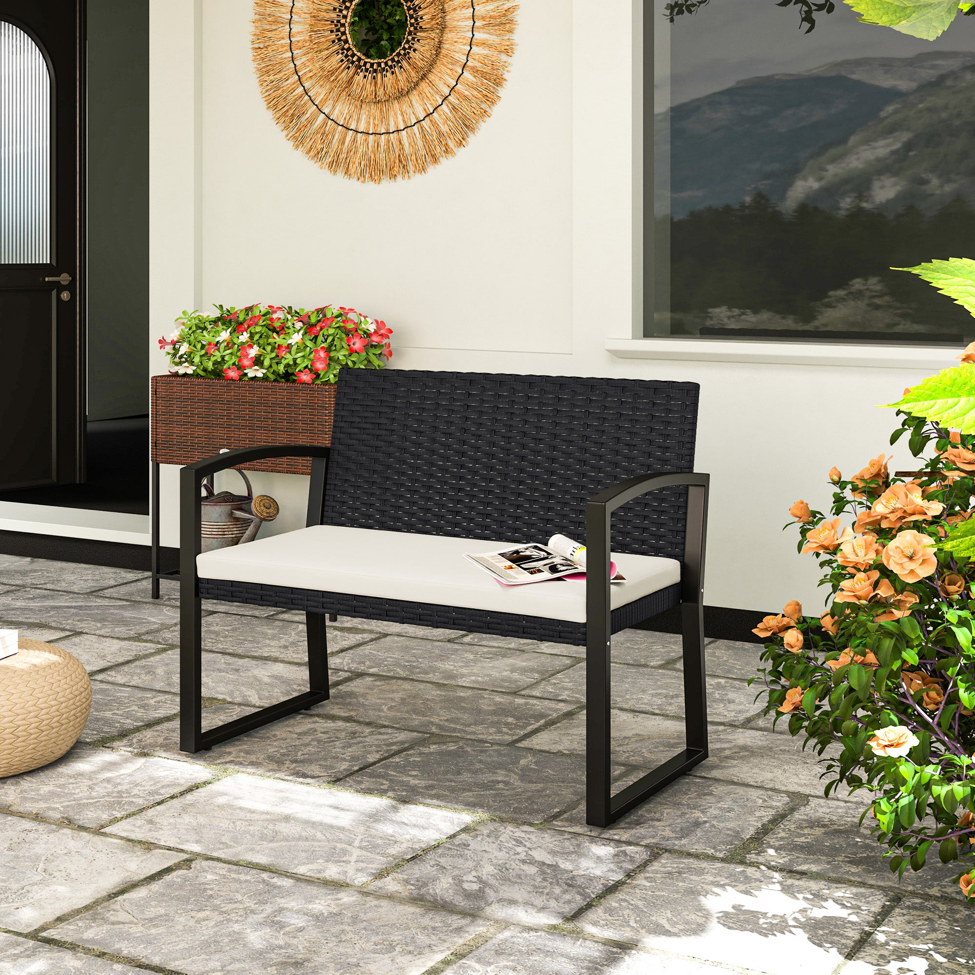 Outsunny Two-Seater Rattan Garden Bench - Beige/Black - North Peak Garden Furniture