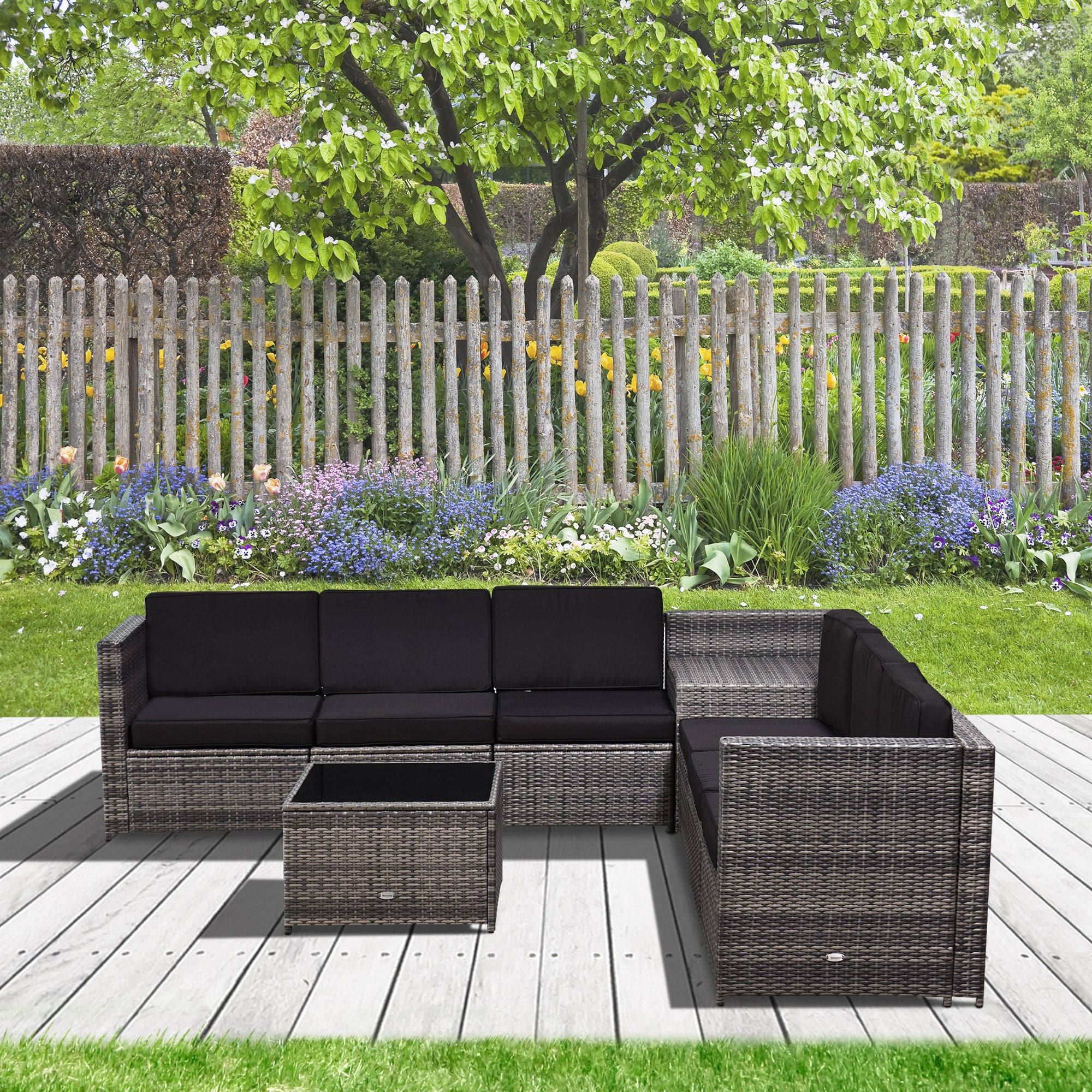 Outsunny 6-Seater Rattan Sofa Furniture Set W/ Cushions, Steel Frame-Grey - North Peak Garden Furniture