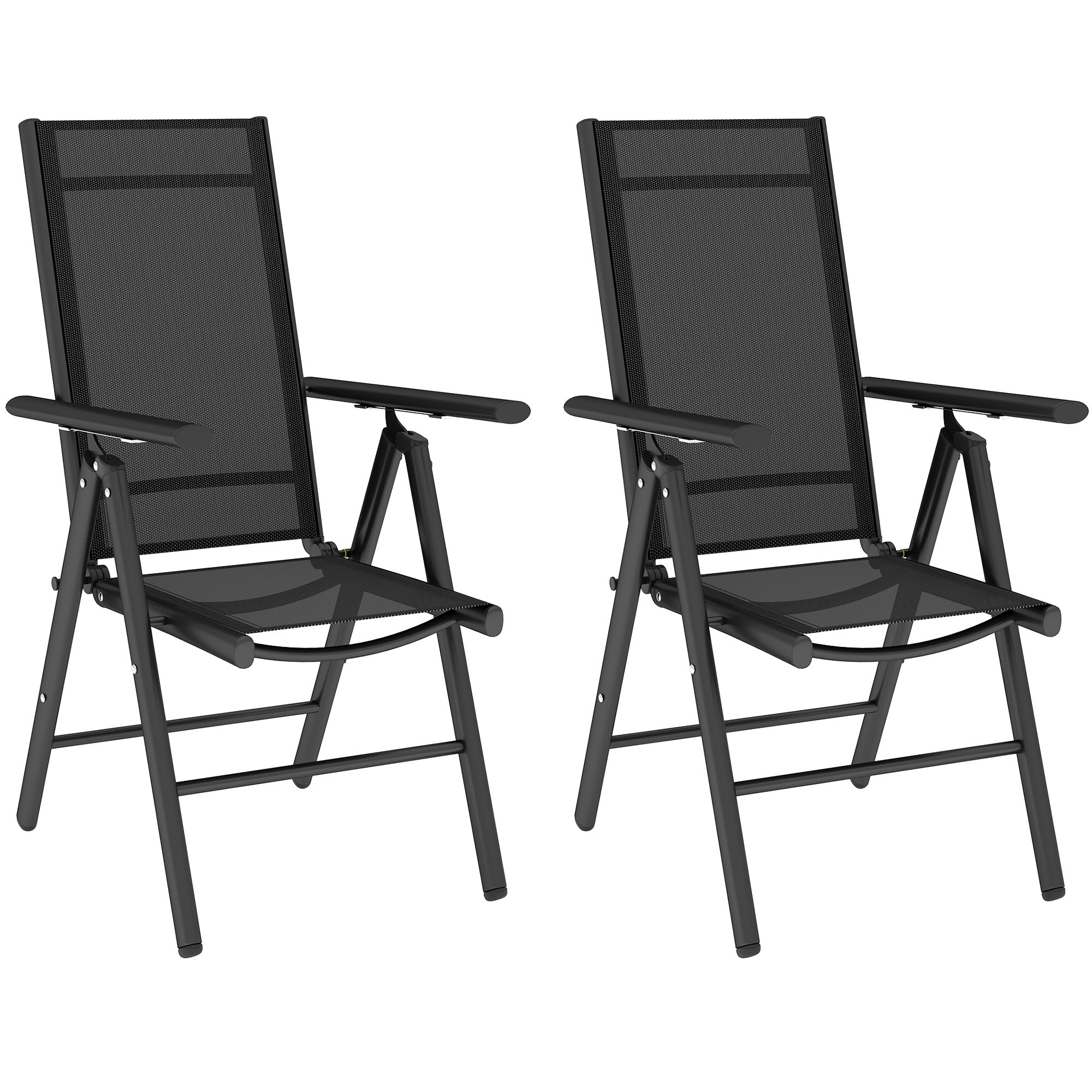 Outsunny Set of 2 Folding Chair, Aluminium Frame Outdoor Camping Chairs with Breathable Mesh Back and Seat, Garden Chair Set with Armrests for Balcony, Black - North Peak Garden Furniture