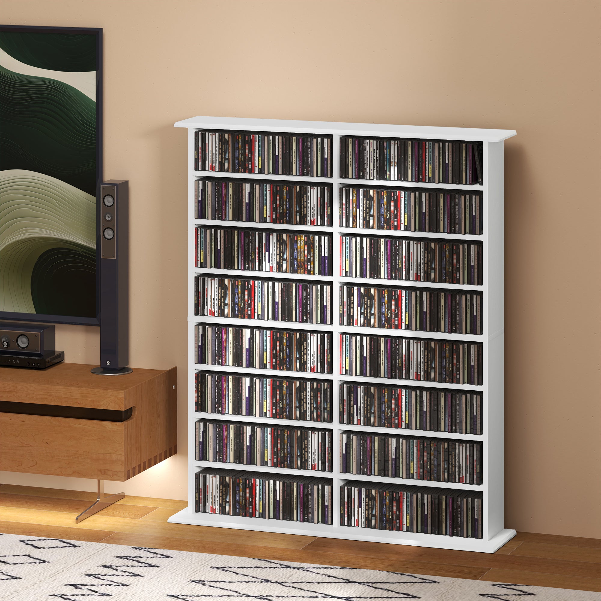 HOMCOM 16-Compartment Media Shelf- White - North Peak Garden Furniture