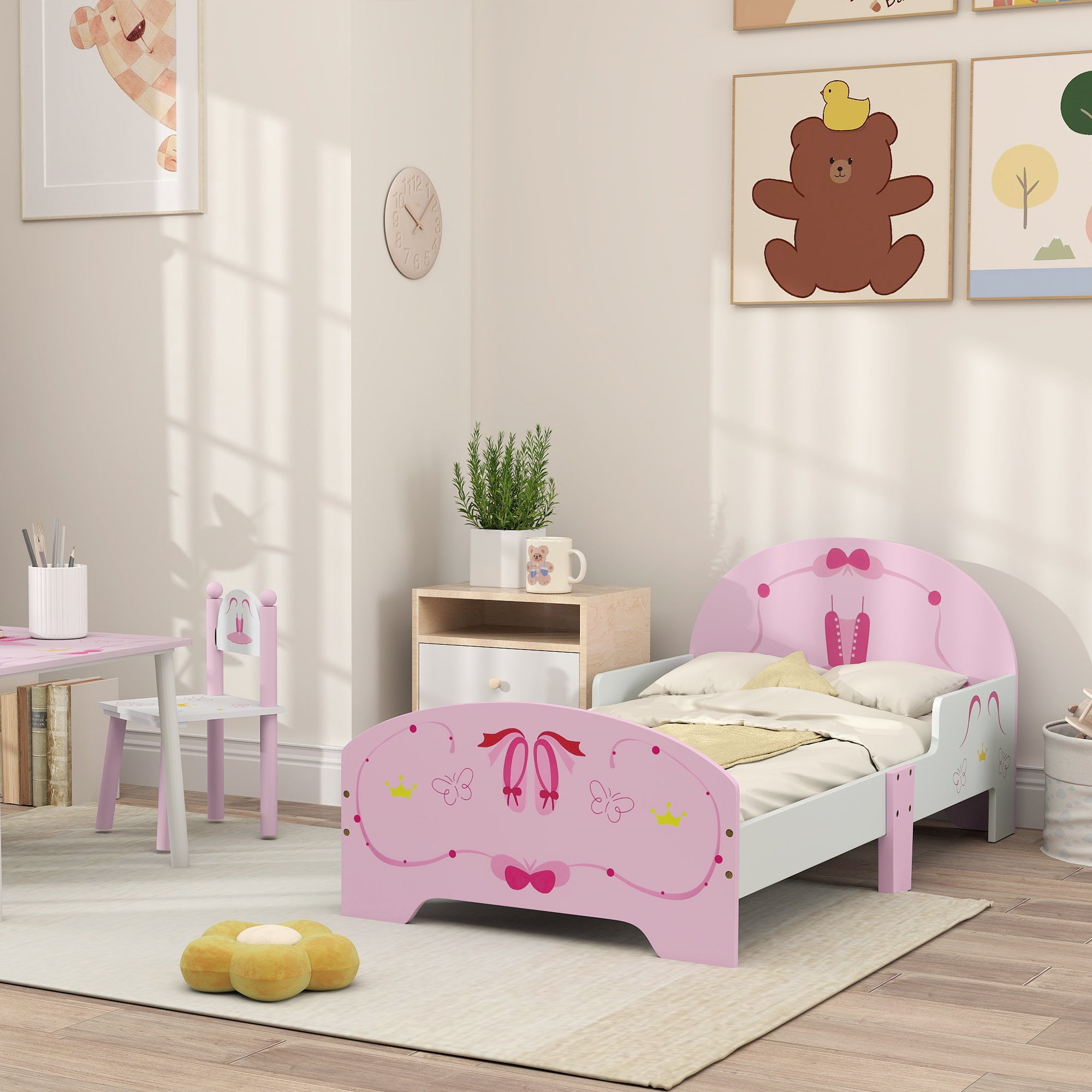 AIYAPLAY Ballet Theme Toddler Bed Frame with Safety Rails for 3-6 Years, 144 x 76.5 x 60 cm, Pink - North Peak Garden Furniture