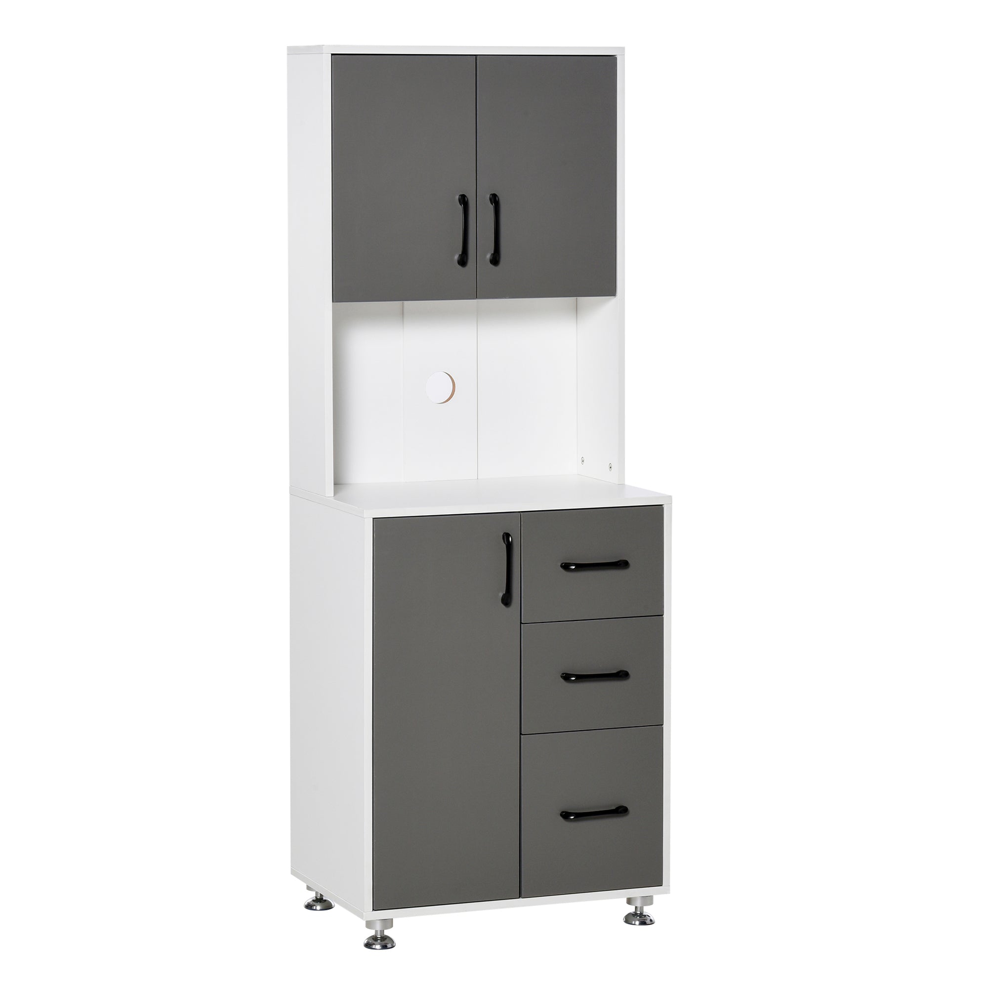 HOMCOM Modern Kitchen Cupboard with Storage Cabinets, 3 Drawers and Open Countertop for Living Room, Grey - North Peak Garden Furniture