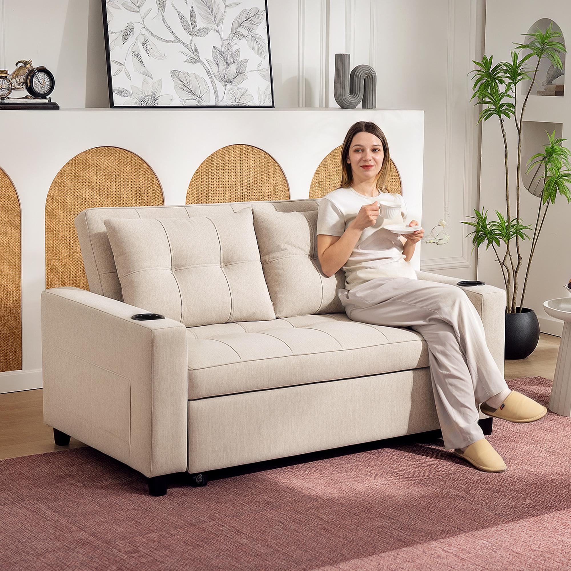 HOMCOM Two-Seater Pull-Out Sofa Bed - Beige
