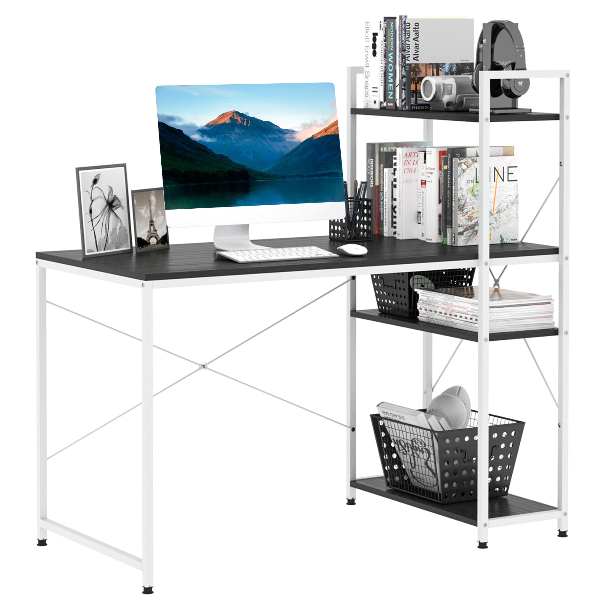 HOMCOM Computer Desk with Storage Shelves on Left or Right, Industrial Reversible Writing Desk for Home Office, Study, Easy Assembly, 120 x 64 x 121cm, Black and White - North Peak Garden Furniture