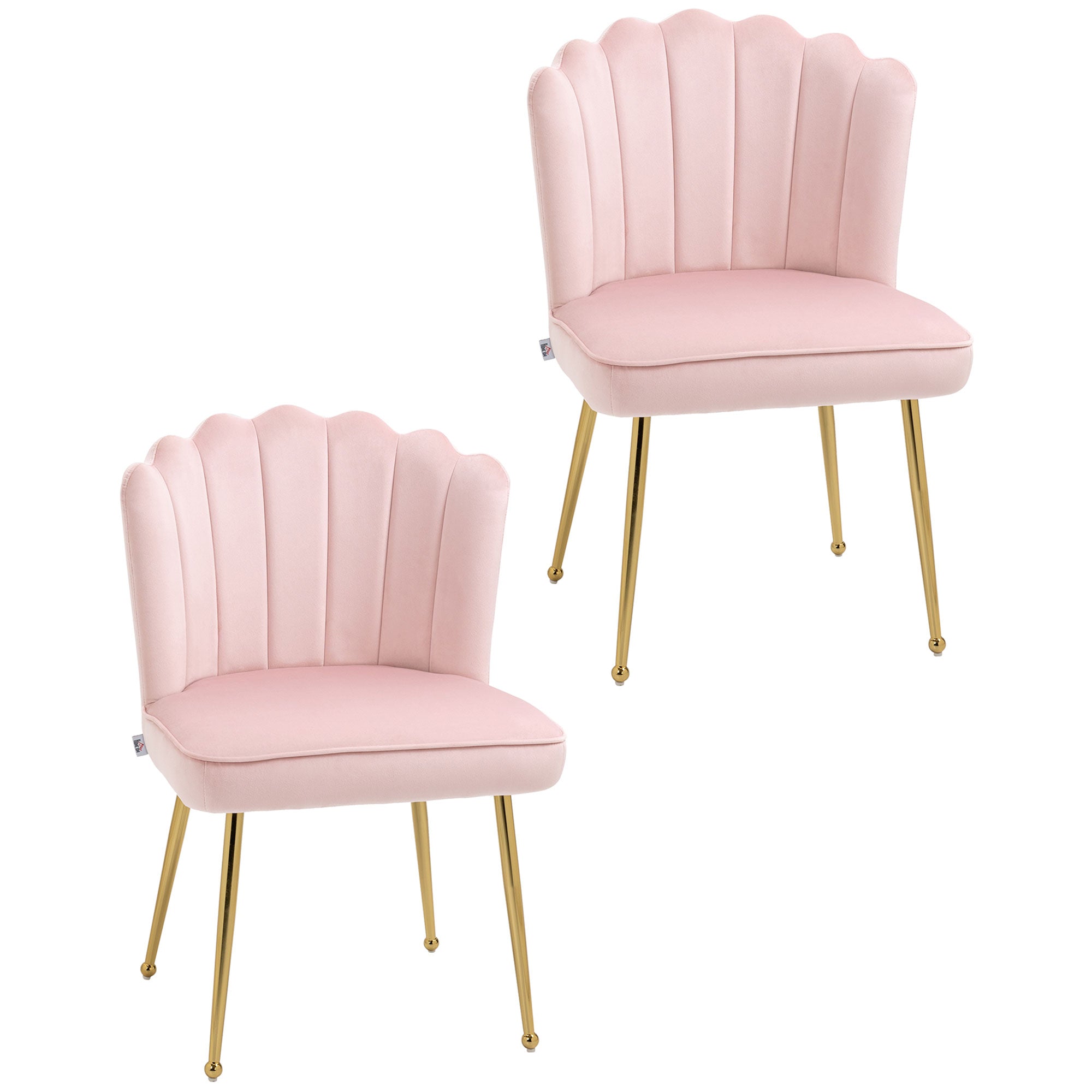 HOMCOM Shell Dining Chairs Set of 2, Upholstered Kitchen Chairs with Gold Metal Legs and Backrest, Velvet Fabric Lounge Leisure Chairs for Living Room, Reception Room, Pink - North Peak Garden Furniture