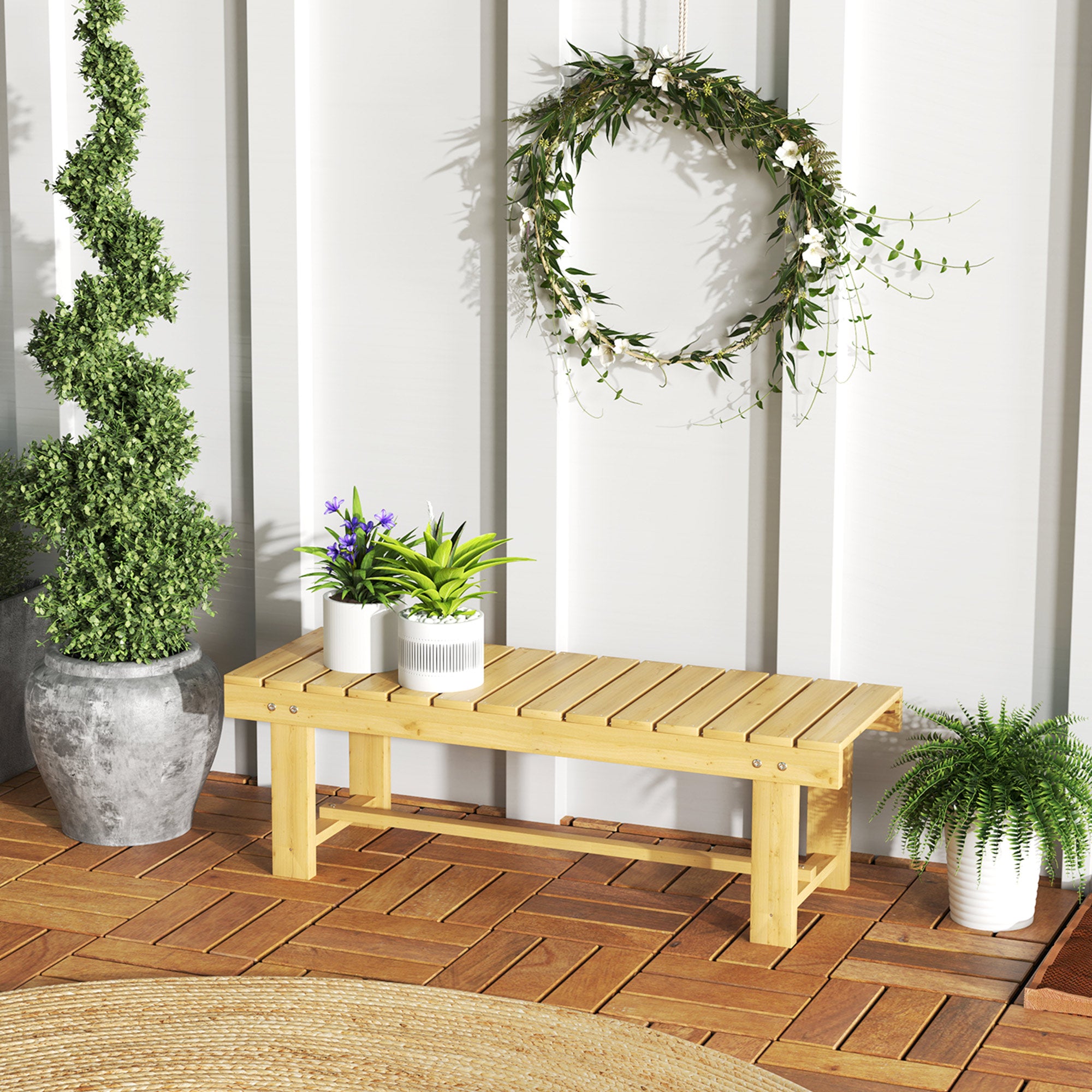 Outsunny 1 Piece 2-seater Outdoor Indoor Garden Wooden Bench Fir Patio Loveseat, 110L x 38W x 35Hcm, Natural