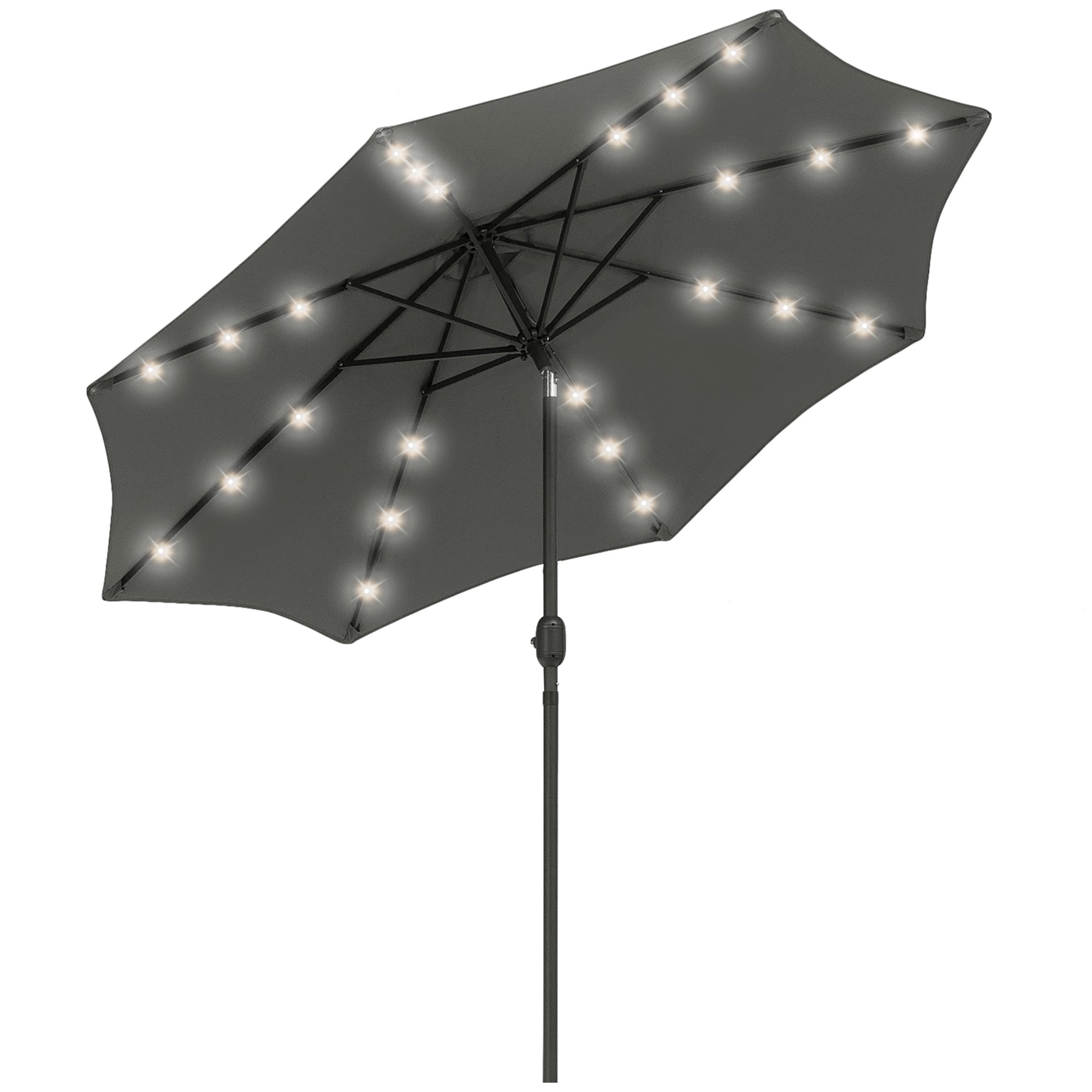Outsunny 2.7m Patio Garden Umbrella Outdoor Parasol with Tilt Crank and 24 LEDs Lights (Grey) - North Peak Garden Furniture
