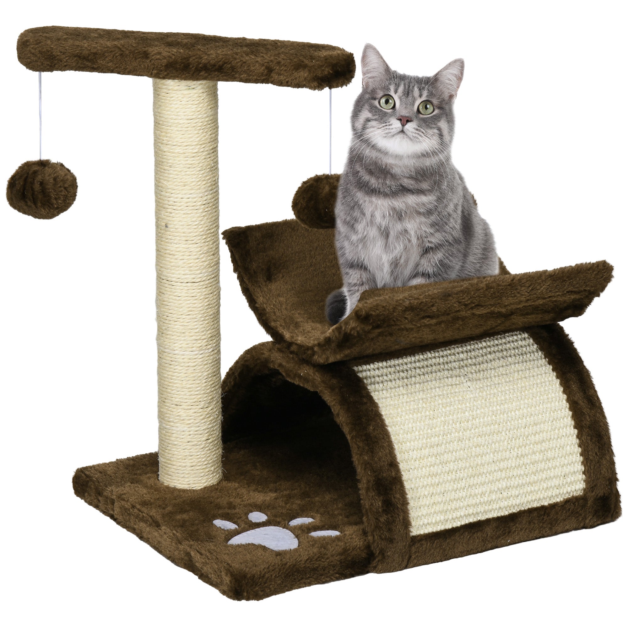 PawHut Cat Tree, Cat Tower for Kittens, Small Cat Condo with Rotatable Top Bar, Sisal Scratching Post, Tunnel, Dangling Balls - Brown - North Peak Garden Furniture