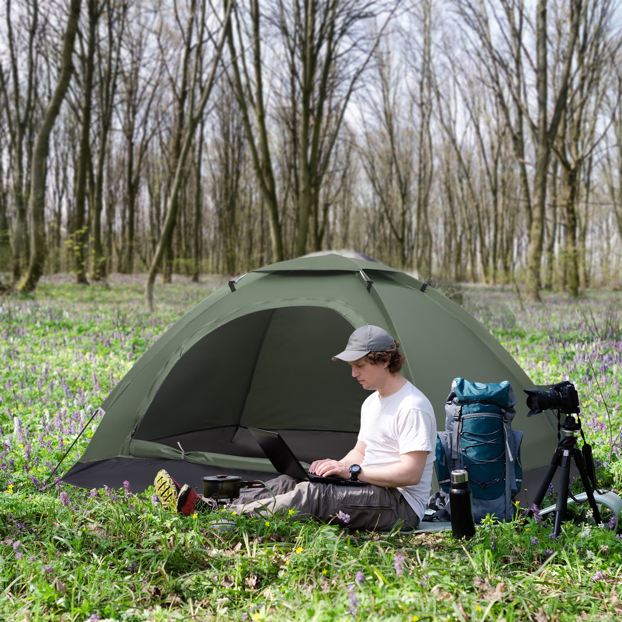 Outsunny 2 Person Camping Tent, Camouflage Tent with Zipped Doors, Storage Pocket, Portable Handy Bag, Dark Green - North Peak Garden Furniture