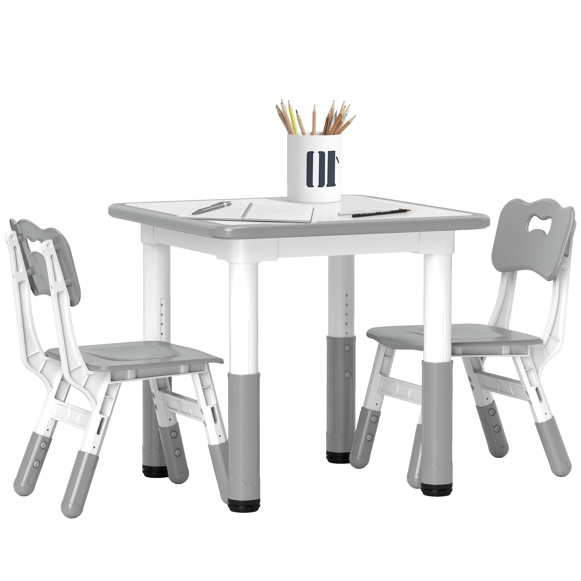 AIYAPLAY Height Adjustable Toddler Table and Chair Set, 3 Pcs Children Activity Table w/ 2 Chairs, for Playroom, Bedroom - Grey - North Peak Garden Furniture