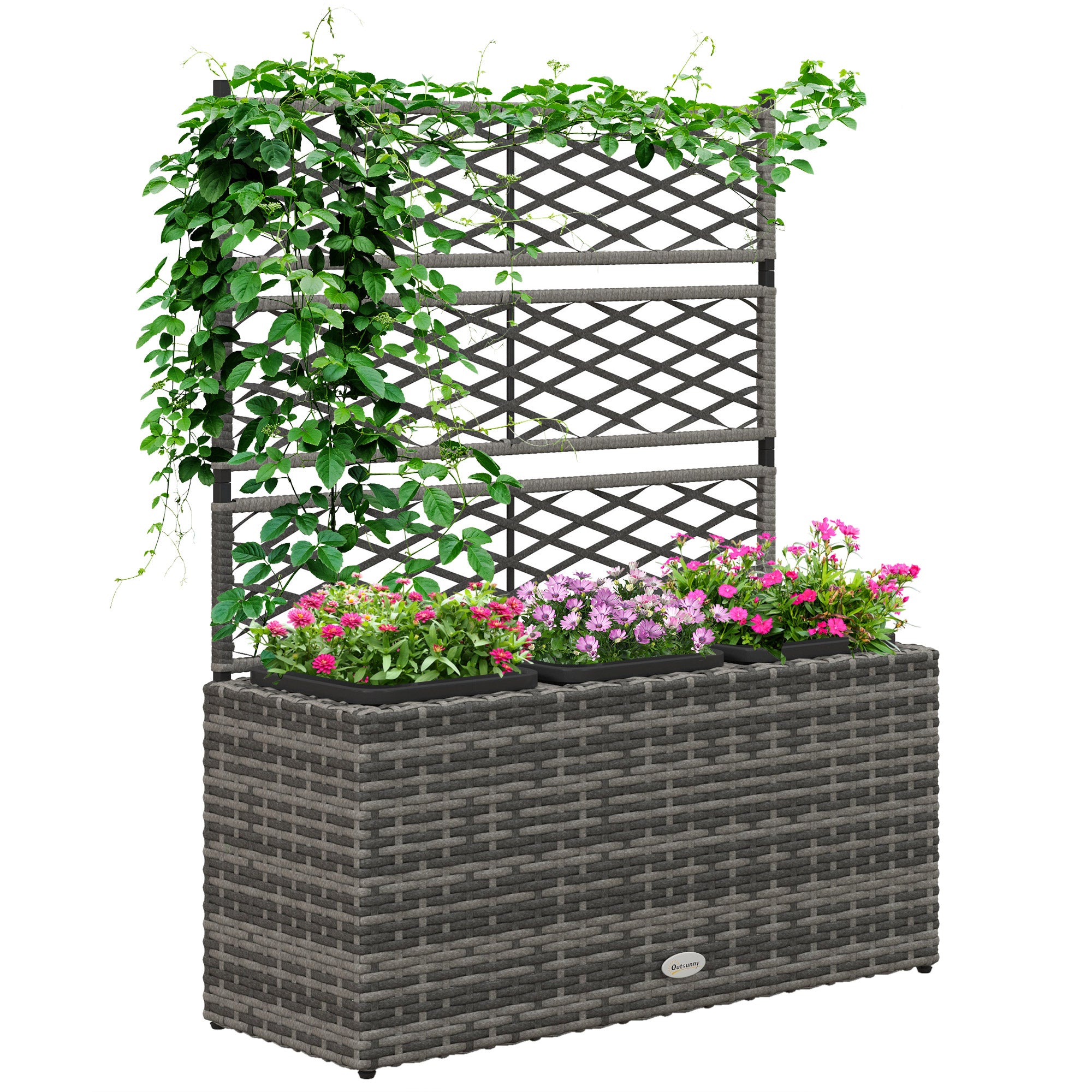 Outsunny 33L Garden PE Rattan Planter with Trellis, Free Standing Flower Raised Bed for Garden, Garden Planter for Climbing Plants, 84cm x 30cm x 107cm, Light Grey - North Peak Garden Furniture