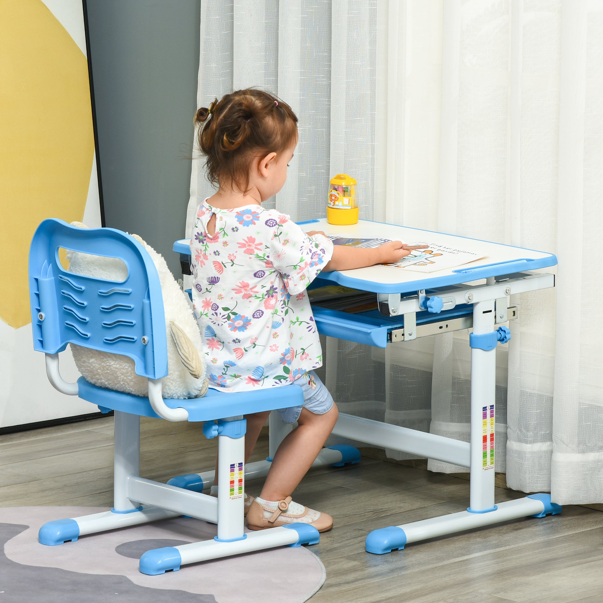 HOMCOM Kids Desk and Chair Set, Height Adjustable Student Writing Desk, Children School Study Table with Tiltable Desktop, Drawer, Pen Slot, Hook - Blue - North Peak Garden Furniture