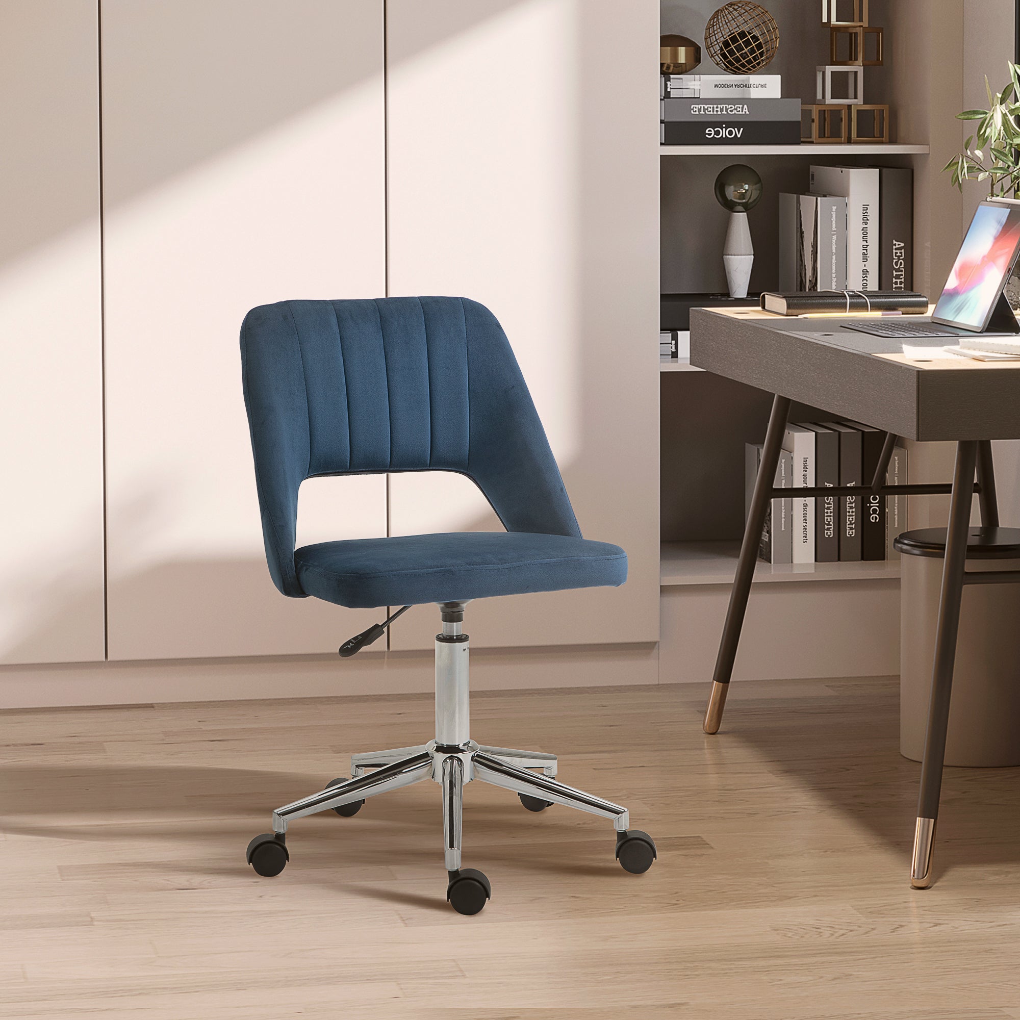 Vinsetto Armless Velvet-Feel Office Chair - Dark Blue - North Peak Garden Furniture