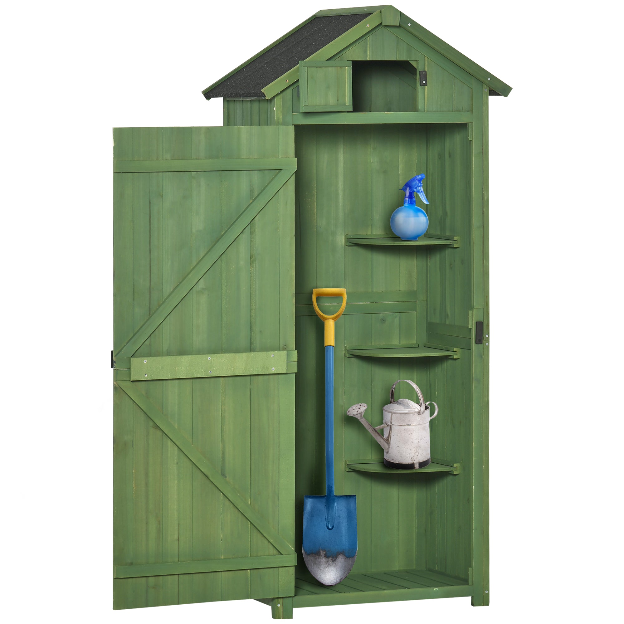 Outsunny Wooden Garden Shed, Utility Outdoor Small Shed with Lockable Double Doors, Shelves and Roof Hatch, Dark Green - North Peak Garden Furniture