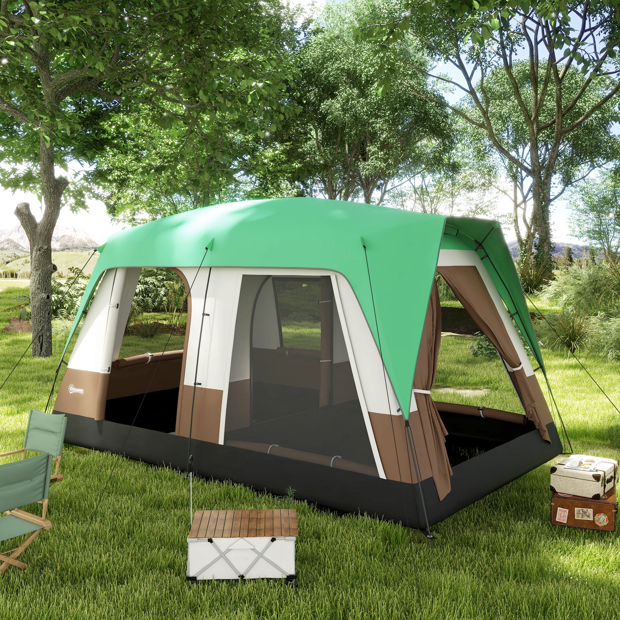 Outsunny Six-Man Camping Tent, with Small Rainfly and Accessories - Green - North Peak Garden Furniture
