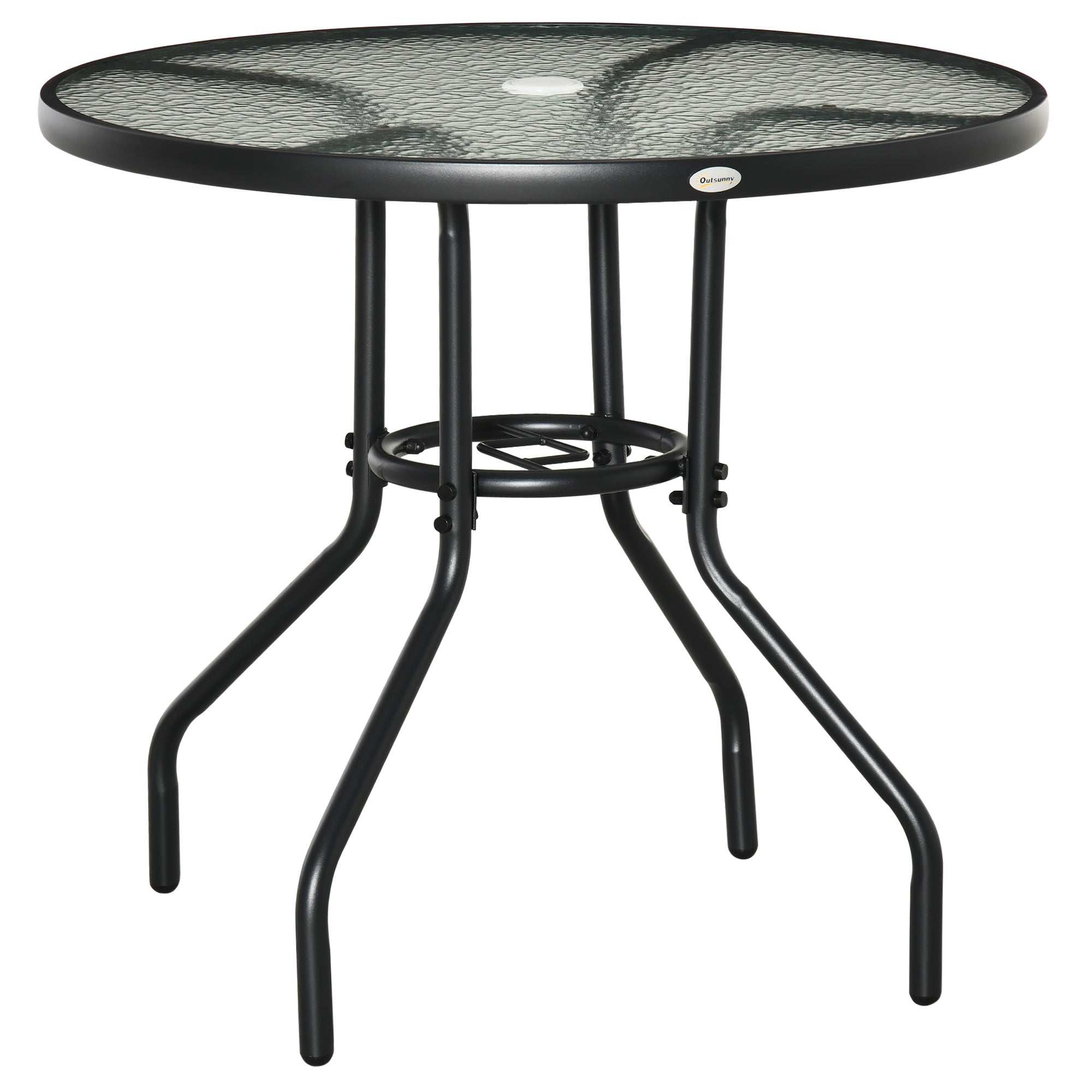Outsunny Outdoor φ80cm Round Dining Table Tempered Glass Top Steel Frame Bistro Coffee End Side Table Garden w/ Parasol Hole - North Peak Garden Furniture