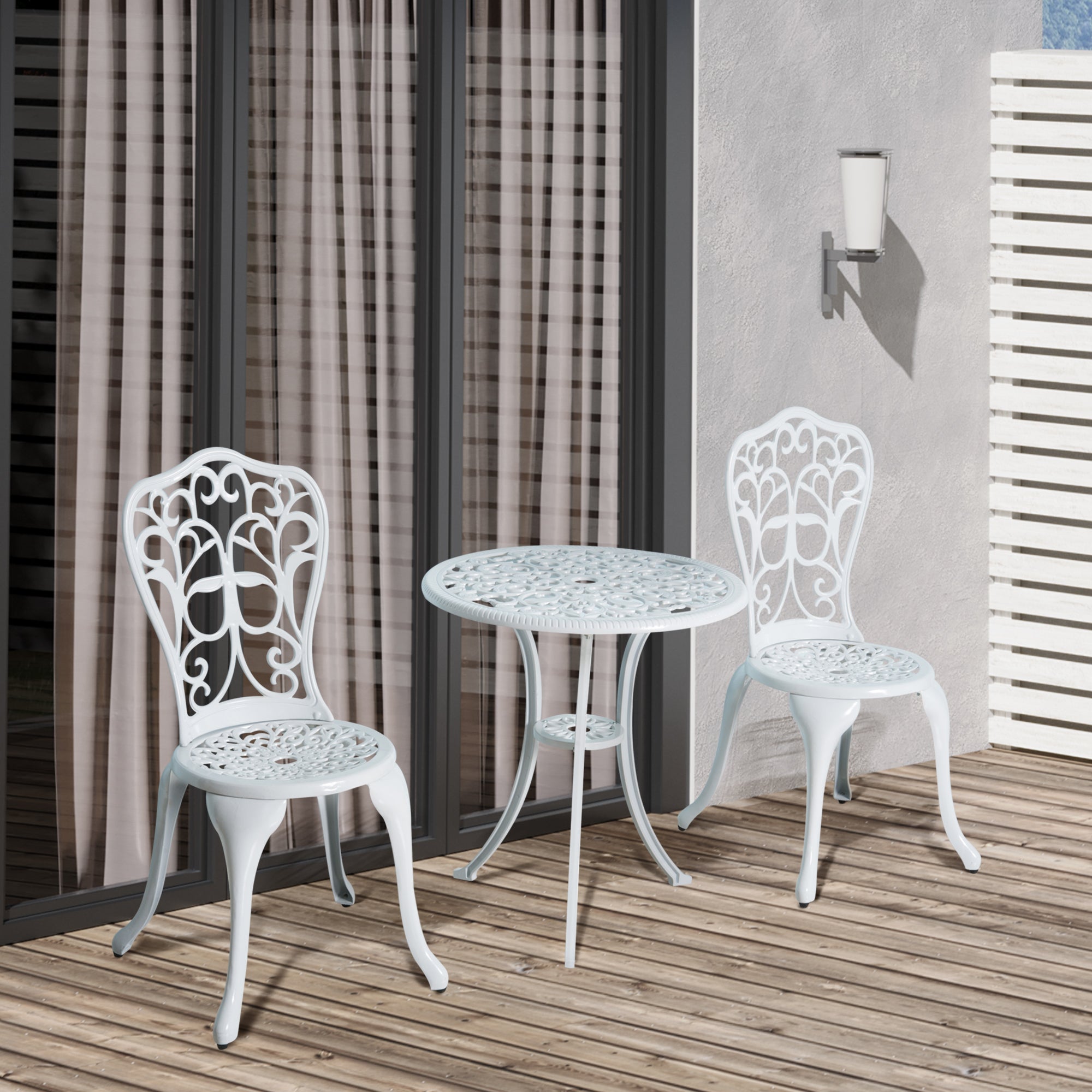 Outsunny 3 Pieces Antique Garden Bistro Set for 2, Cast Aluminium Garden Furniture Set with Umbrella Hole, White - North Peak Garden Furniture