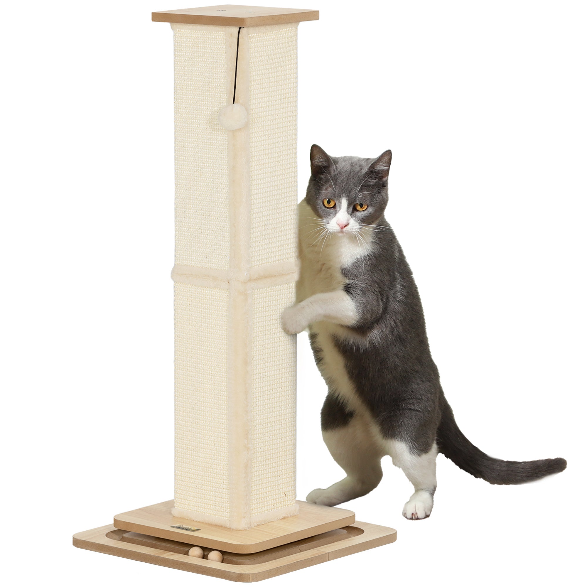 PawHut 3-in-1 Cat Scratching Post, 87cm Cat Scratcher w/ Track Ball Toy, Oak Tone - North Peak Garden Furniture