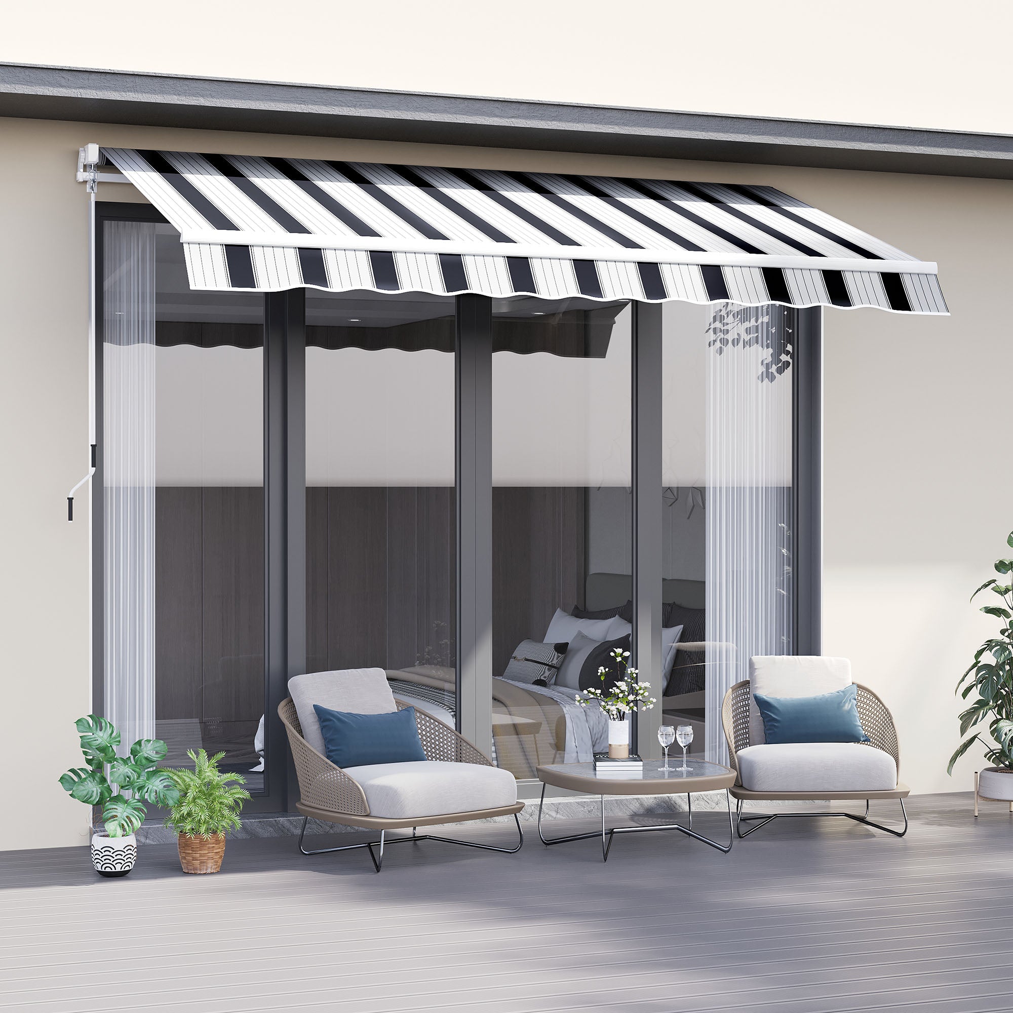 Outsunny Manual Retractable Awning, 2.5x2 m-Dark Blue/White Stripes - North Peak Garden Furniture