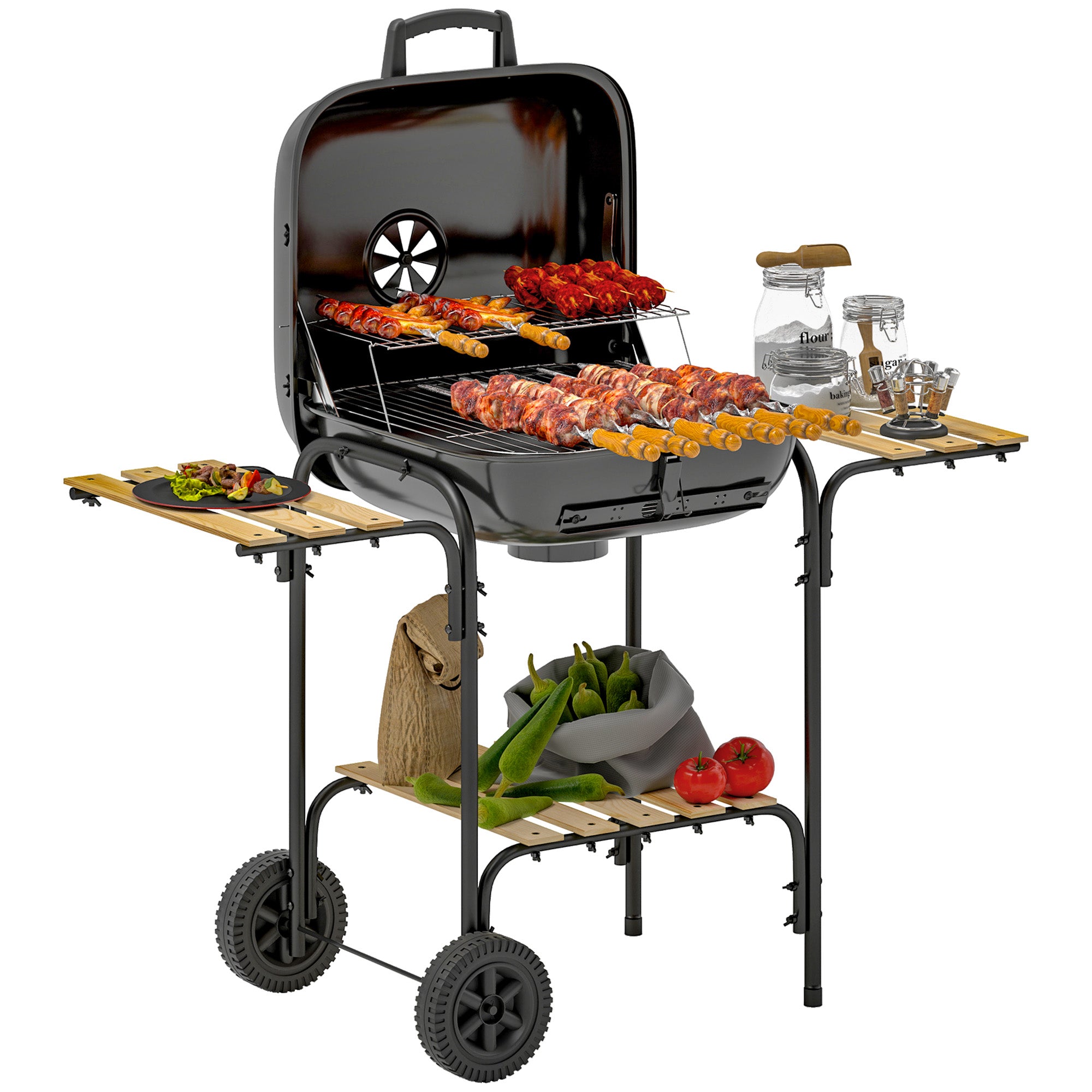 Outsunny Charcoal Barbecue Grill Portable BBQ Grill with 1840 cm² Cooking Area, 3 Shelves, Adjustable Vent, Lockable Lid, Wheels for Outdoor Cooking, Garden Party, Black - North Peak Garden Furniture