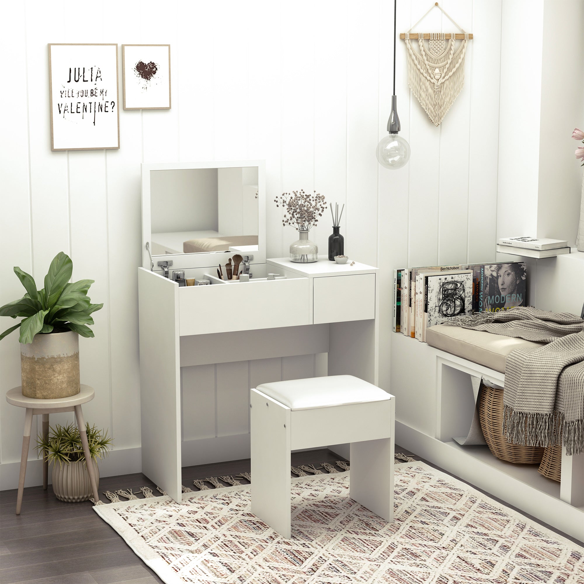 HOMCOM Makeup Desk with Drawer, Vanity Table Set with Flip-up Mirror and Cushioned Stool, White - North Peak Garden Furniture