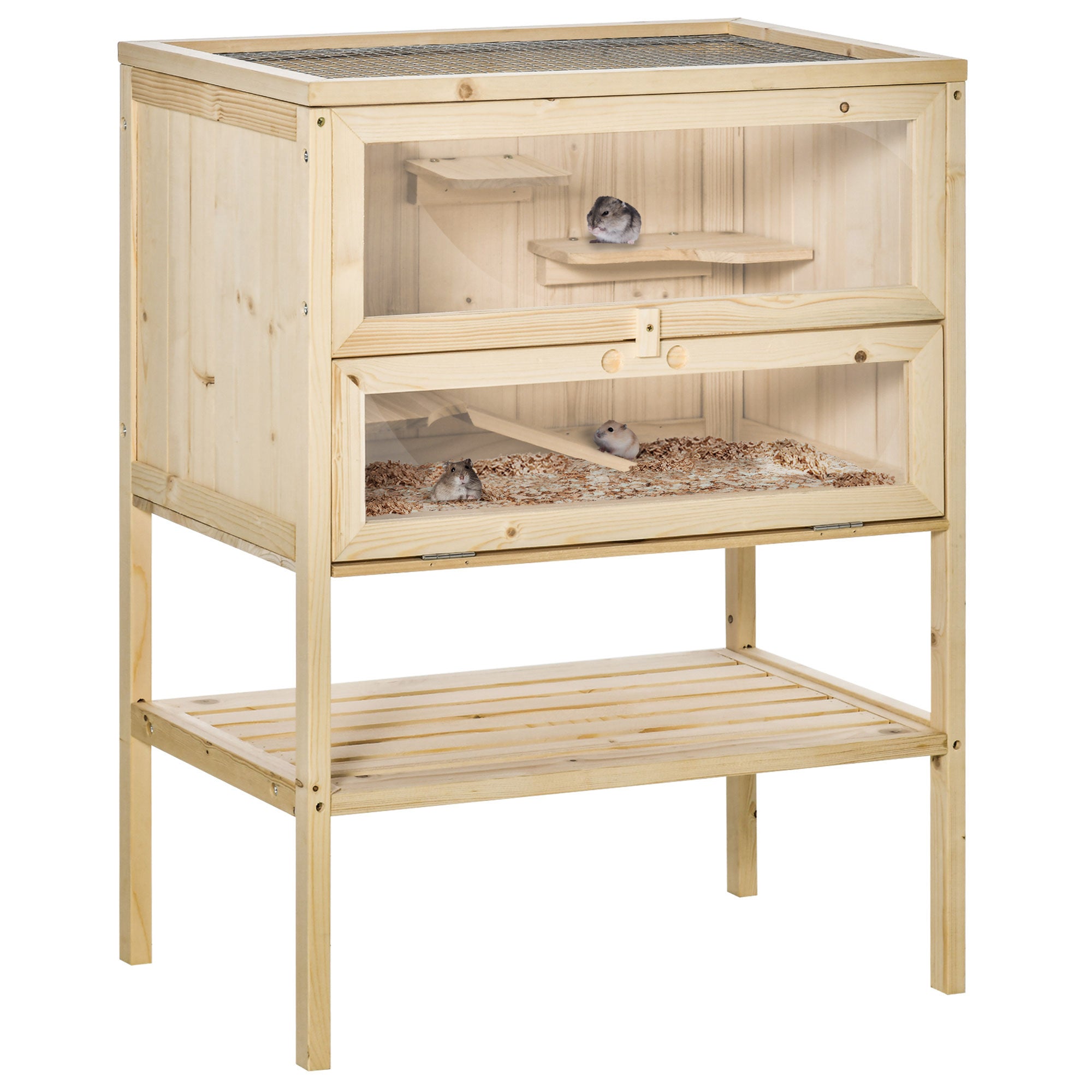 PawHut Wooden Hamster Cage with Storage Shelf, Small Animal Exercise Play House with Openable Top, for Hamsters, Gerbils, 60 x 40 x 80 cm - Natural - North Peak Garden Furniture