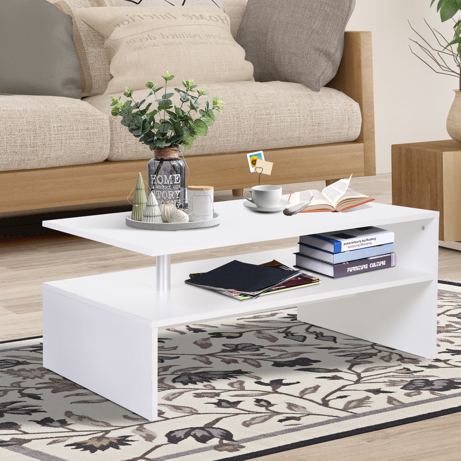 HOMCOM Coffee Table with Storage, 2-Tier Centre Table, Modern Living Room Table with Open Shelf and Aluminium Poles, White - North Peak Garden Furniture